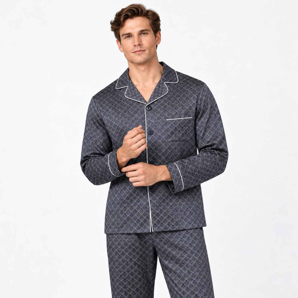 Ginkgo Print Men's Silk Pajama Set with Long Sleeve Top-Men's Pajamas-Glompi-Extra Small-Glompi