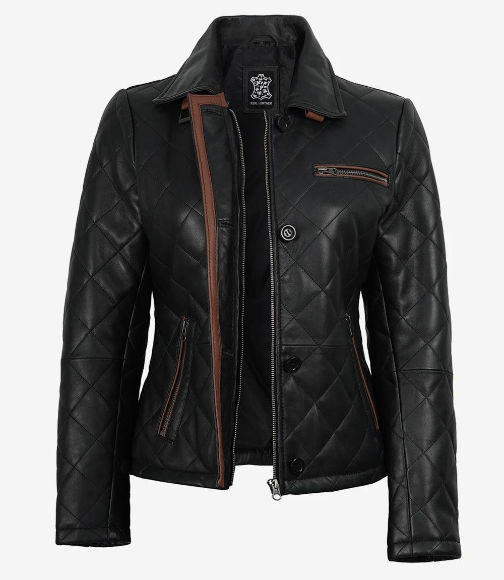 Glen Women's Quilted Leather Jacket with Brown Accents-Leather Jackets-Glompi-Glompi