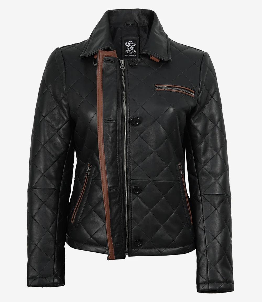 Glen Women's Quilted Leather Jacket with Brown Accents-Leather Jackets-Glompi-Glompi