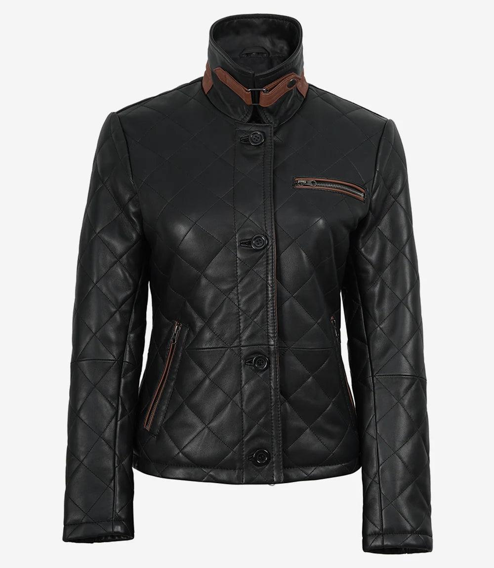 Glen Women's Quilted Leather Jacket with Brown Accents-Leather Jackets-Glompi-Glompi