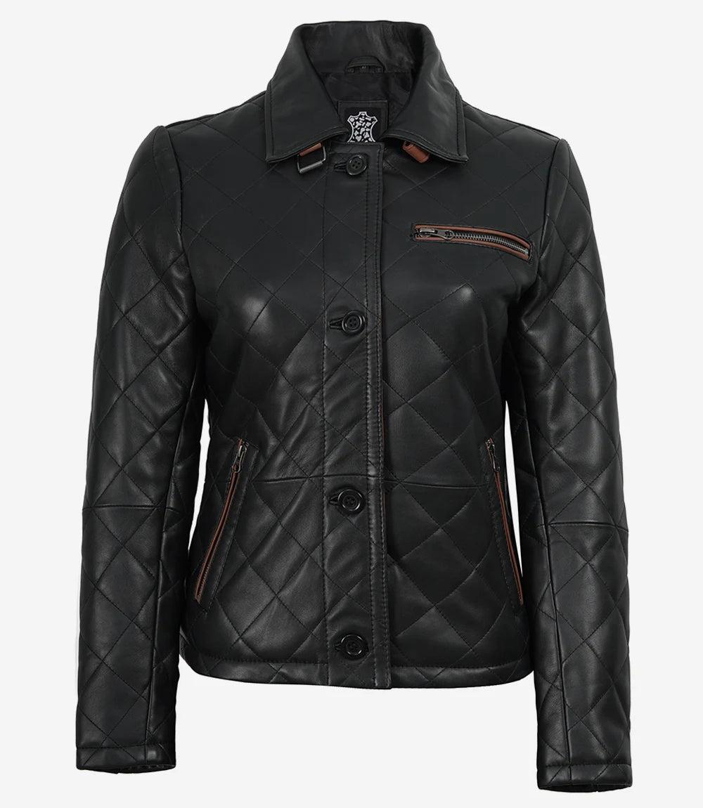 Glen Women's Quilted Leather Jacket with Brown Accents-Leather Jackets-Glompi-Glompi