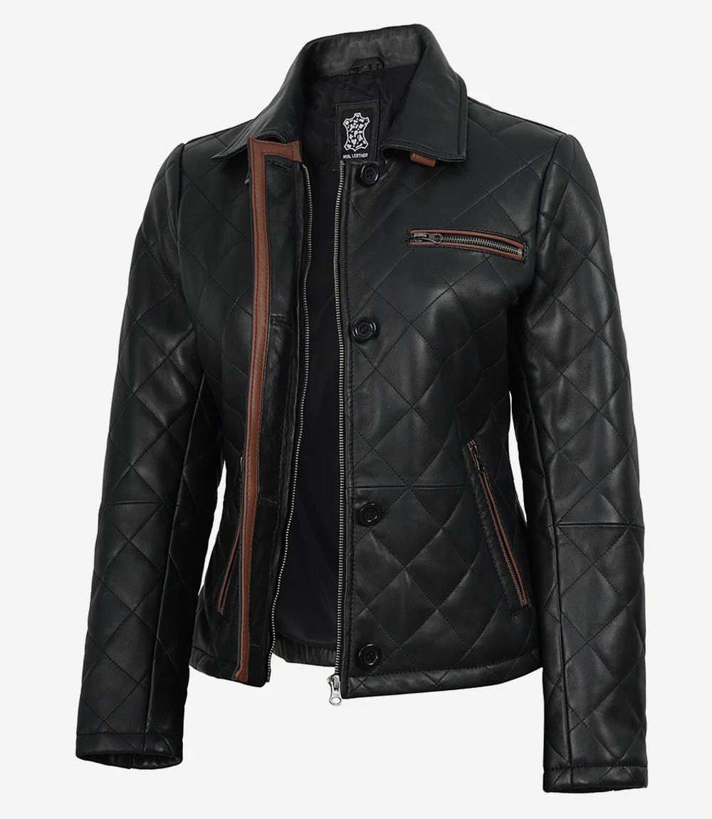 Glen Women's Quilted Leather Jacket with Brown Accents-Leather Jackets-Glompi-XS-Glompi