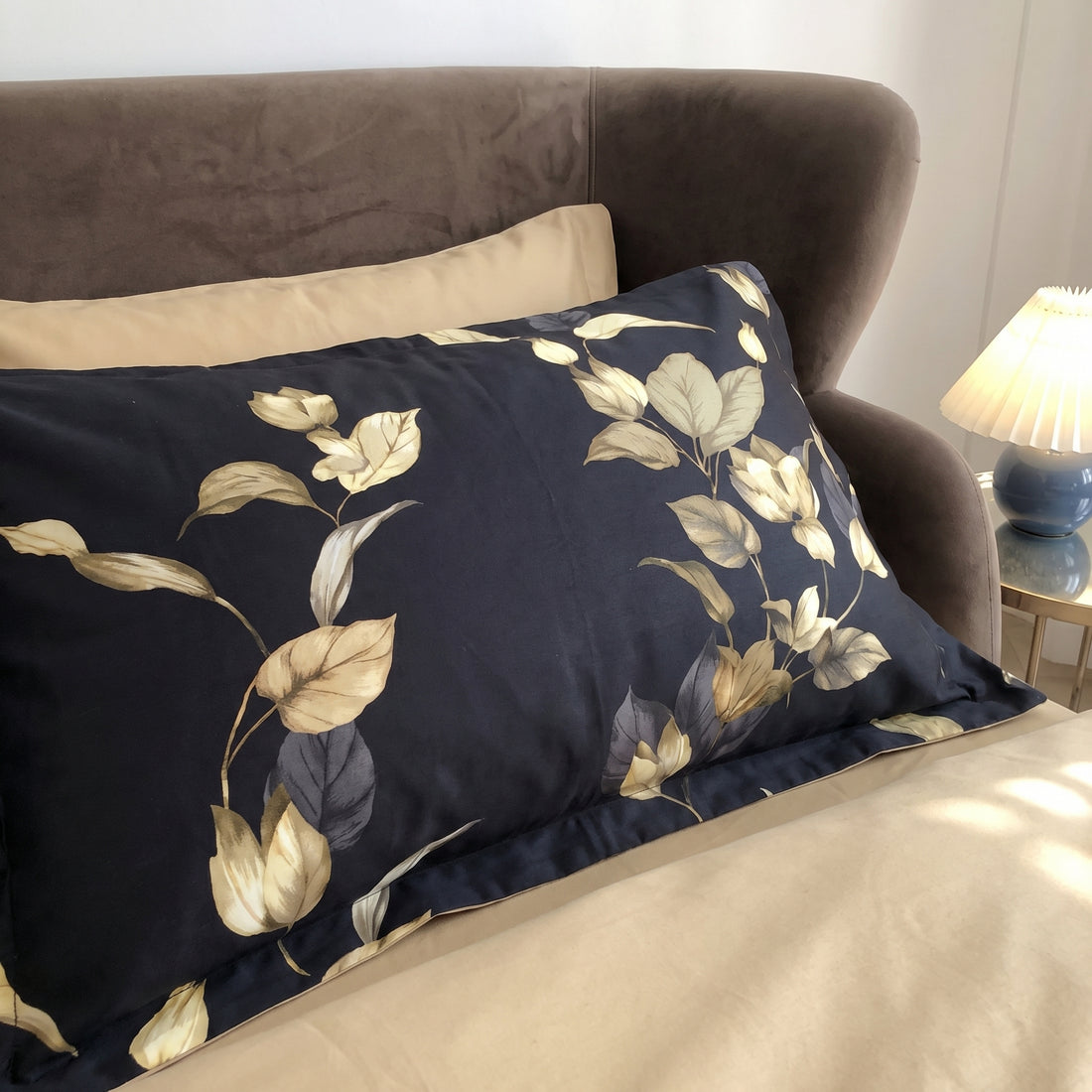 Gold Leaves Charcoal Egyptian Cotton Duvet Cover Set-Duvet Covers-Glompi-Queen-Fitted-Glompi
