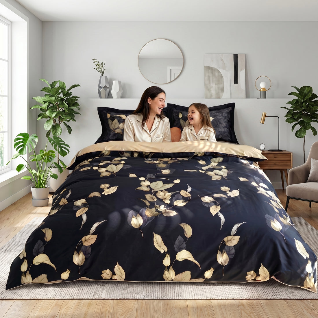 Gold Leaves Charcoal Egyptian Cotton Duvet Cover Set-Duvet Covers-Glompi-Queen-Fitted-Glompi