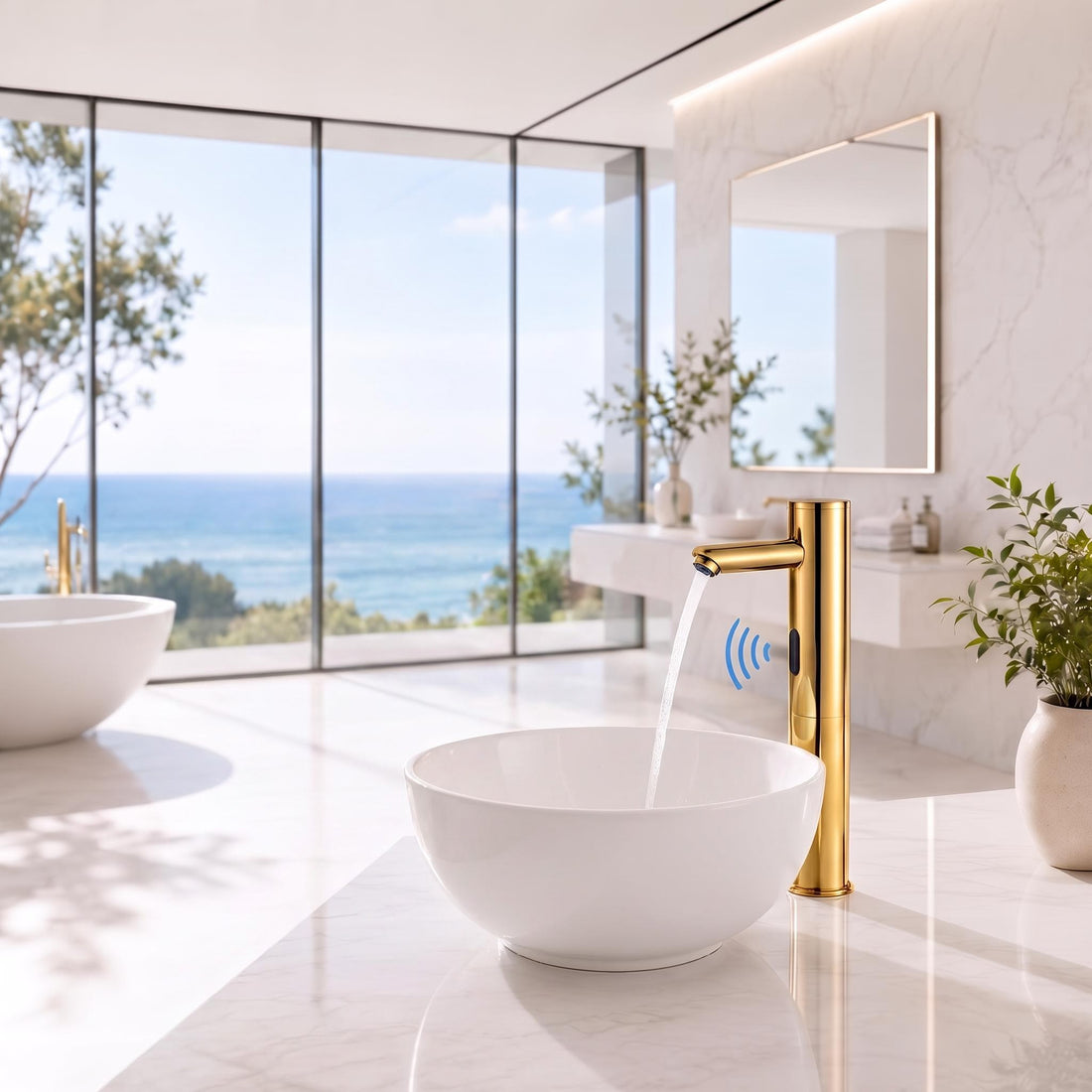 Modern gold touchless bathroom faucet with infrared sensor, deck-mounted over a white vessel sink in a luxury bathroom.
