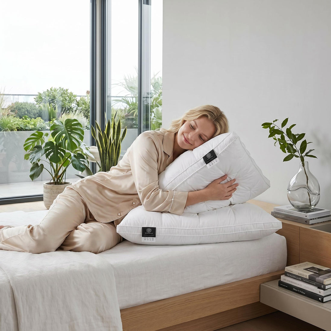 Two white goose down pillows with quilted cotton covers stacked on a bed in a bright room.