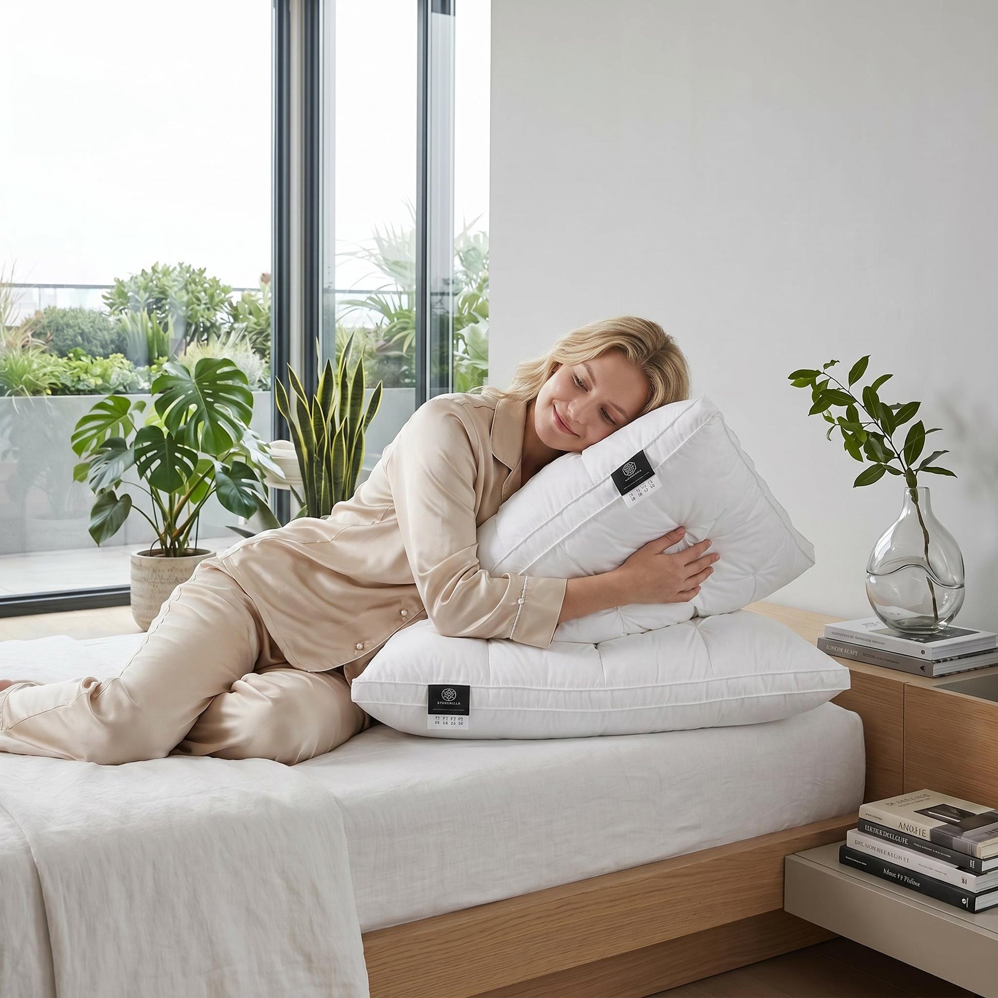 Woman in silk pajamas hugging a white quilted goose down pillow on a bed with another pillow.