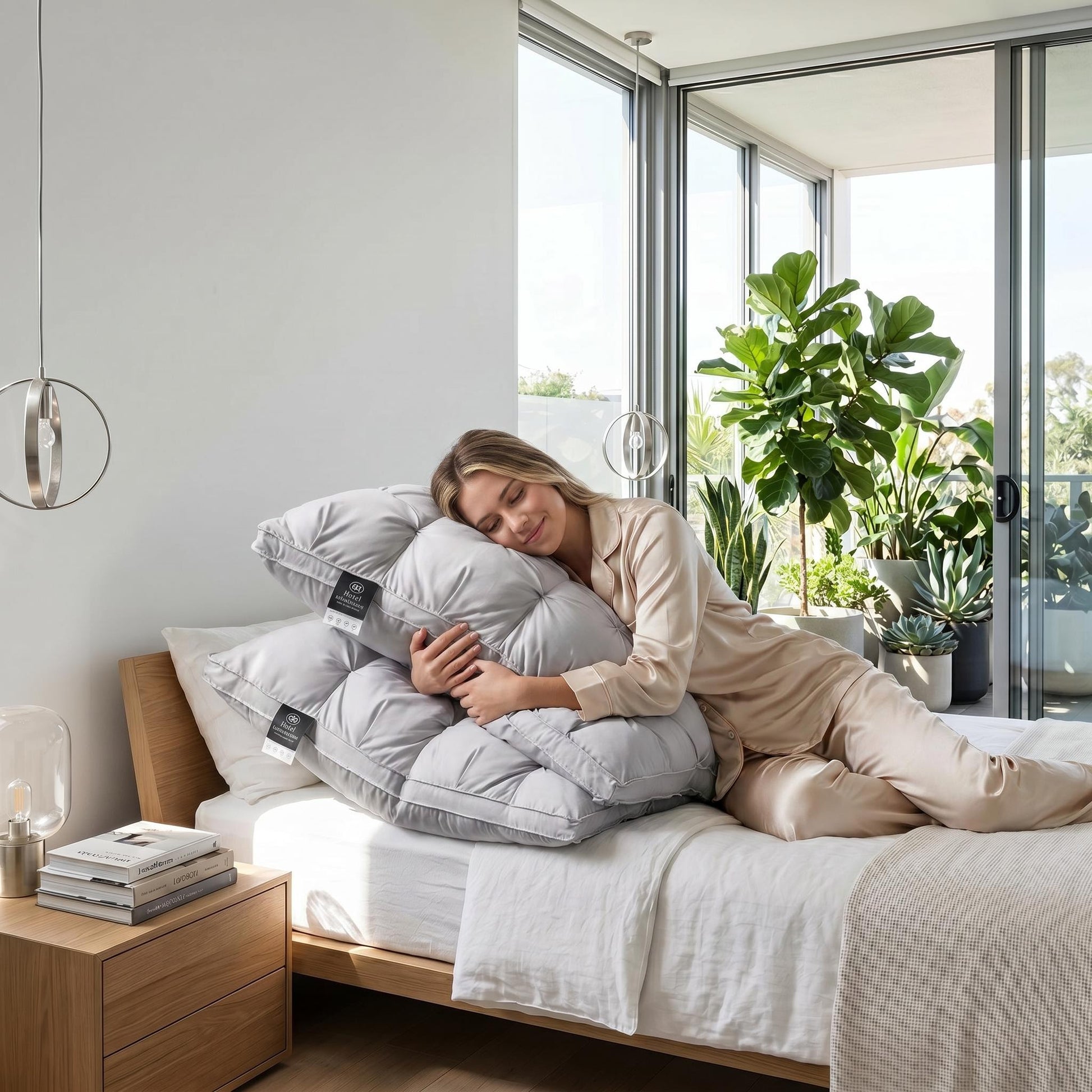Woman in silk pajamas hugging two soft, light gray quilted goose down pillows on a modern bed.
