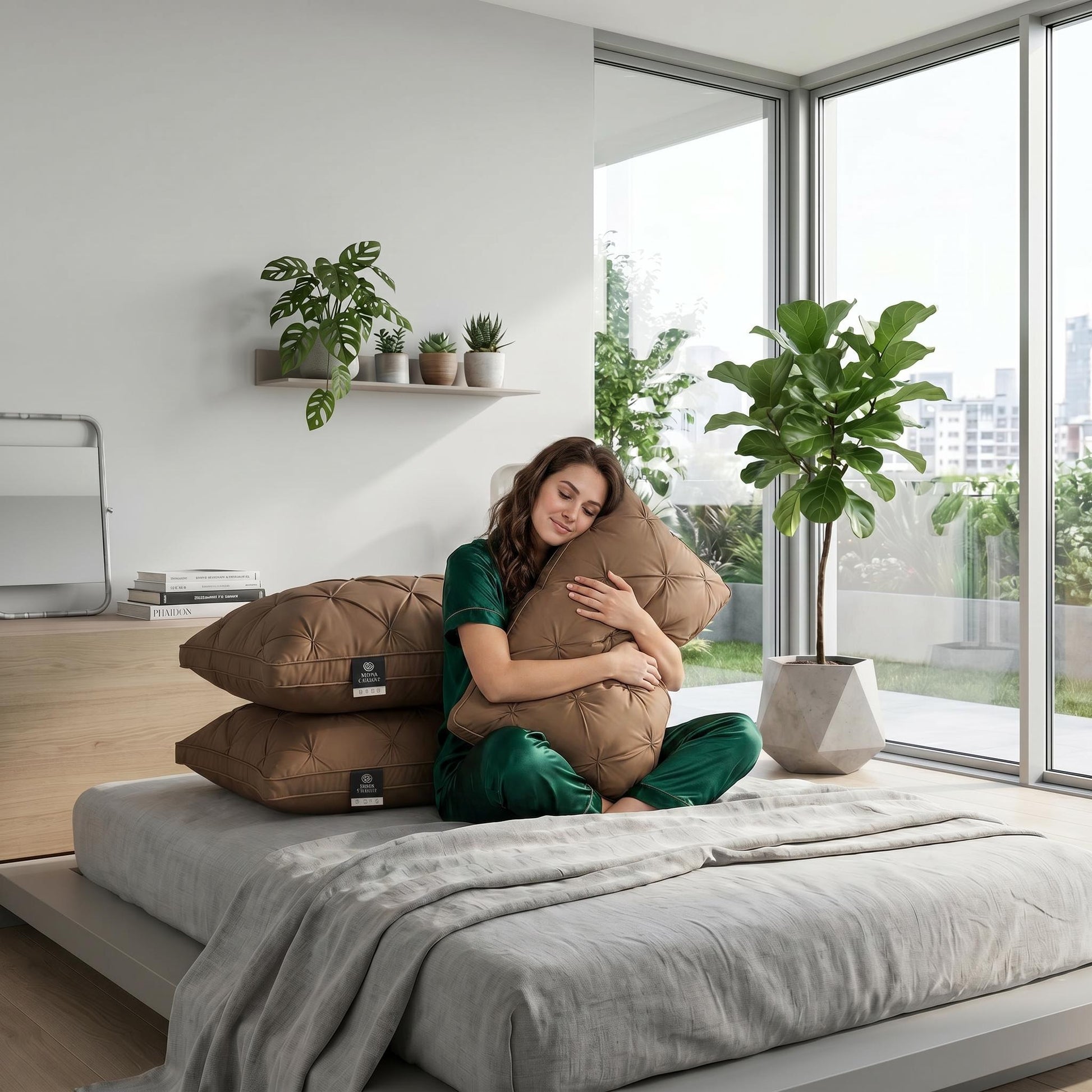 Woman hugging a soft, tufted brown goose down pillow on a modern bed with two stacked pillows beside her.