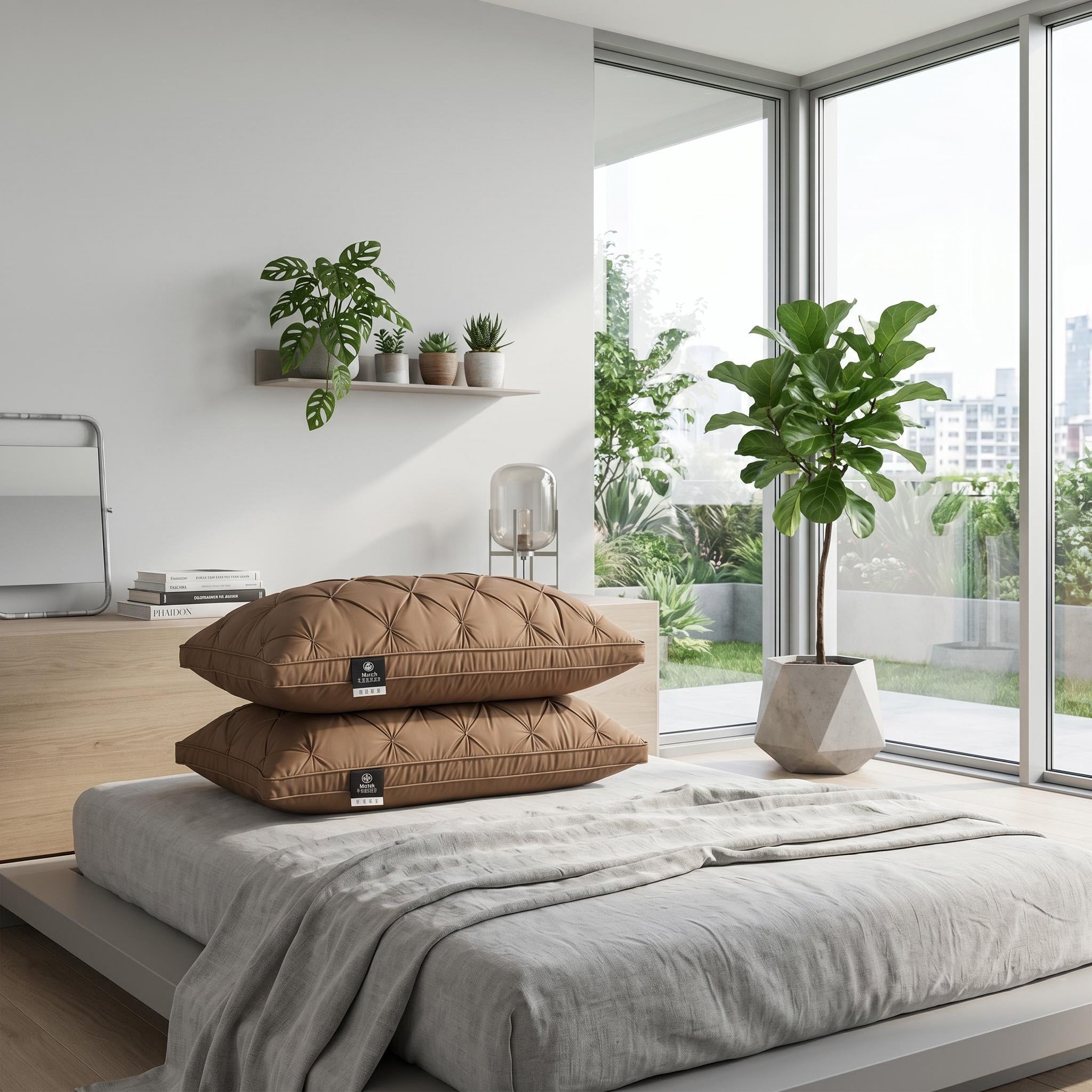 Two stacked brown goose down pillows with a pleated design on a bed in a bright, modern bedroom.