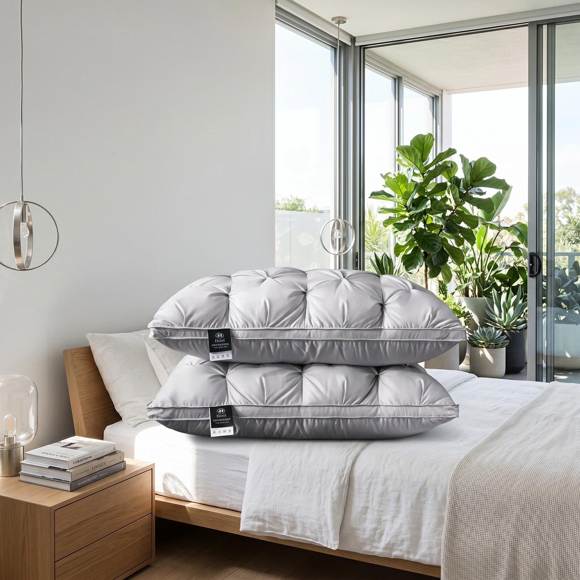 Two light gray goose down pillows with a quilted design and piped edges, stacked on a white bed.