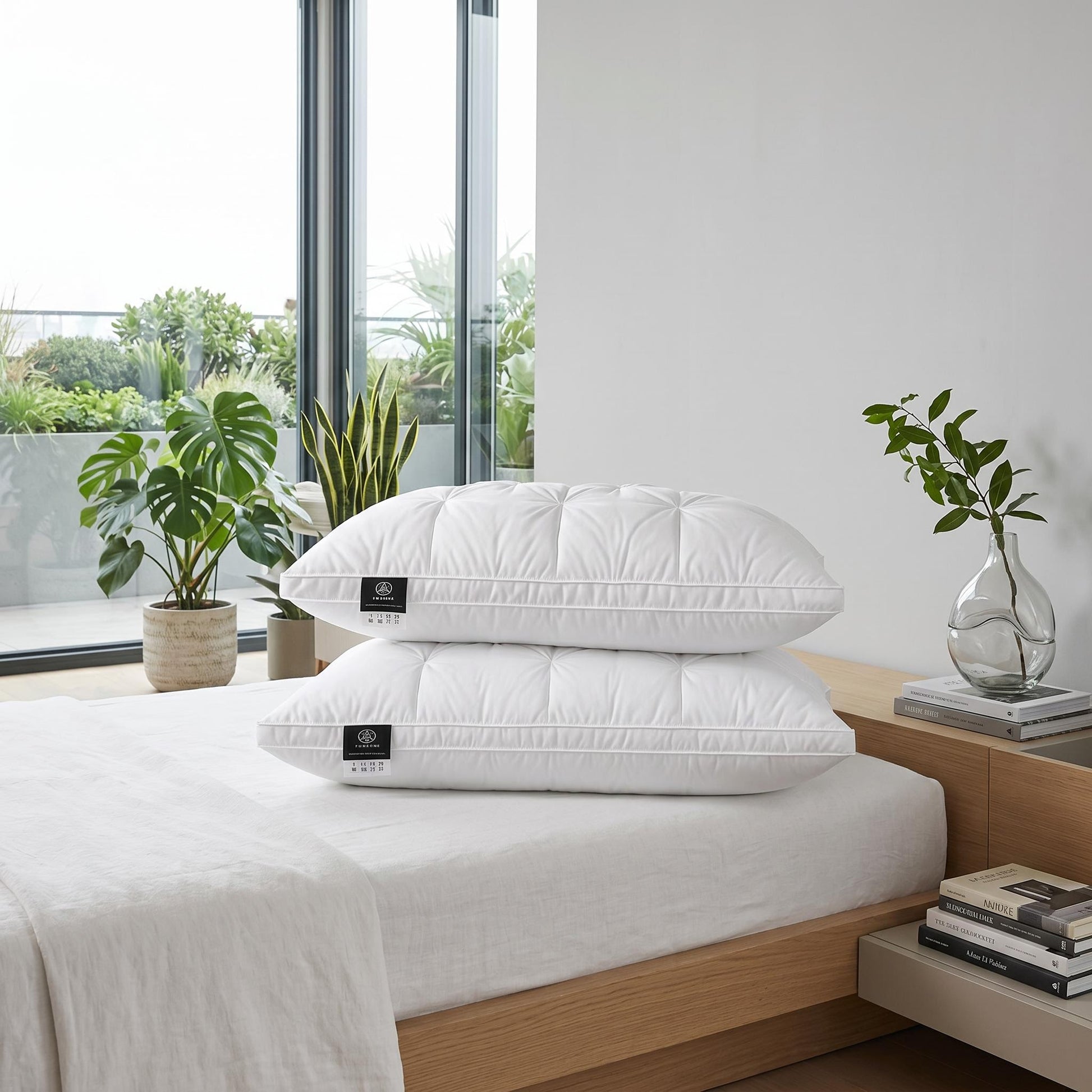 Two white goose down pillows with quilted cotton covers stacked on a bed in a bright room.