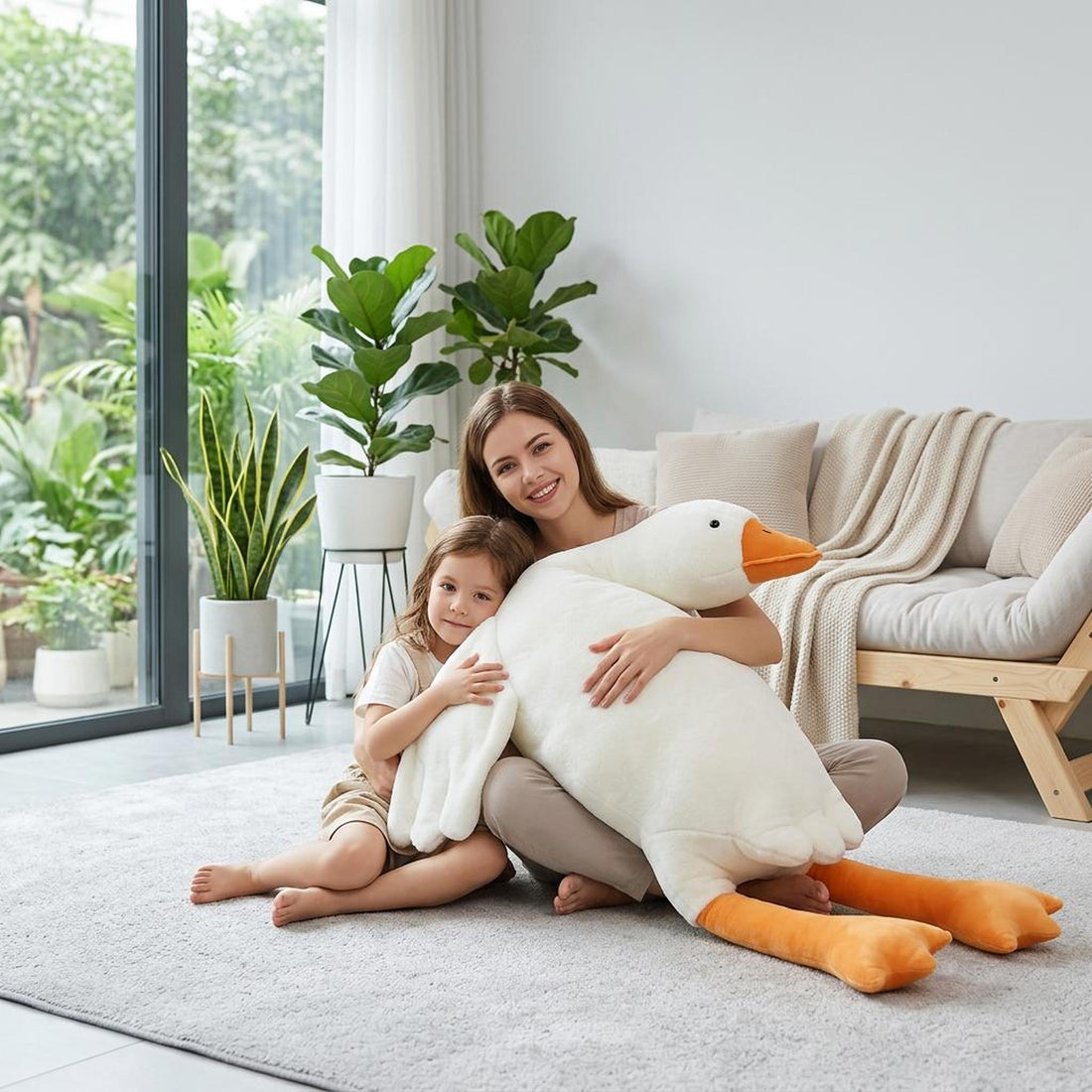 Large white goose plush pillow toy held by a mother and child in a living room.