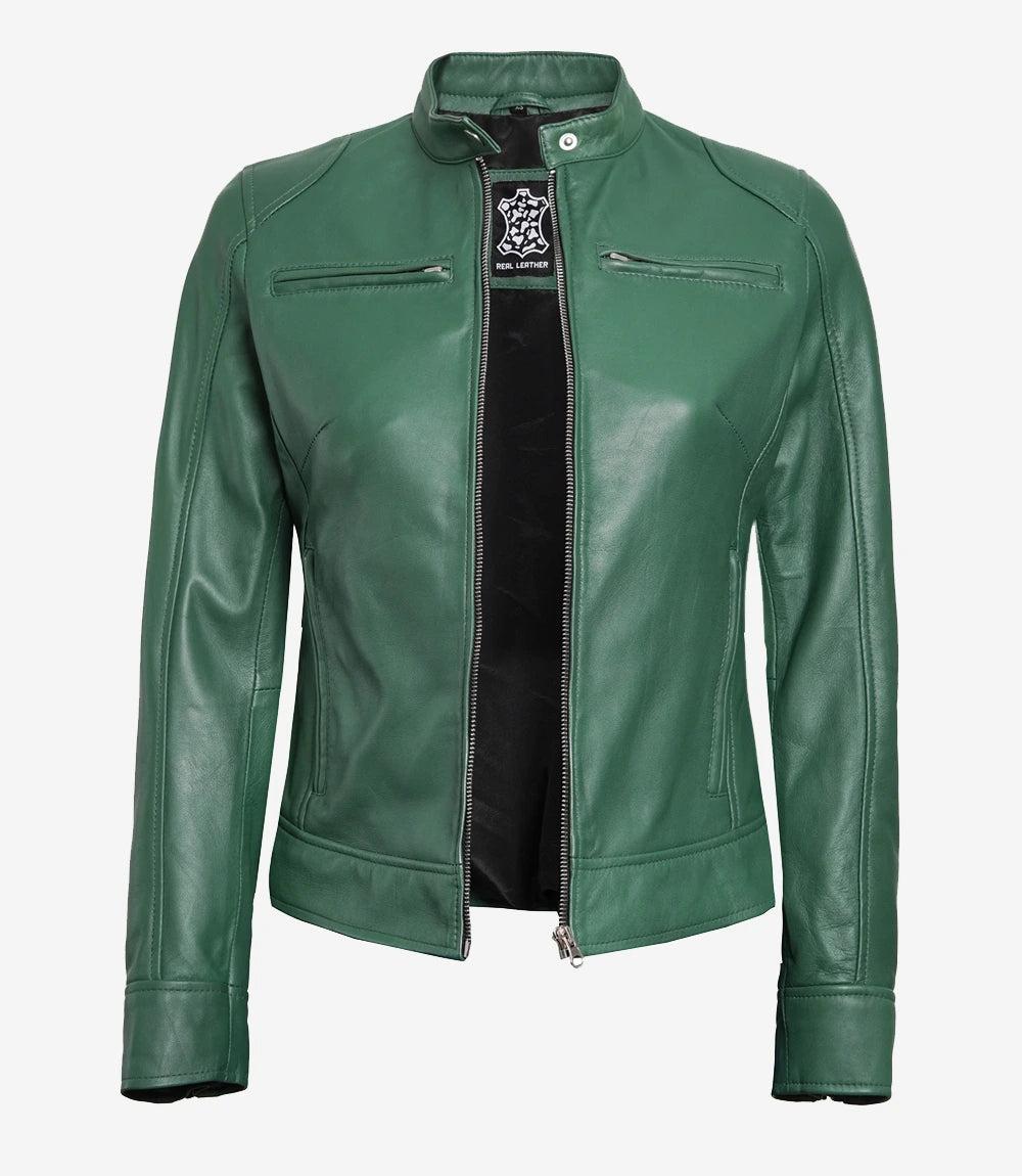 Green Lambskin Biker Jacket for Women-Leather Jackets-Glompi-Glompi