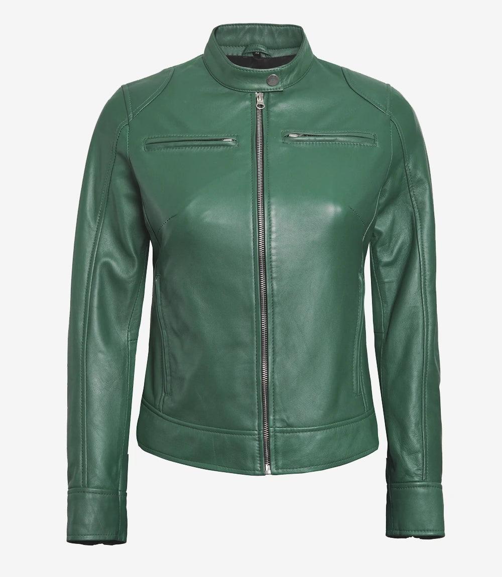 Green Lambskin Biker Jacket for Women-Leather Jackets-Glompi-Glompi