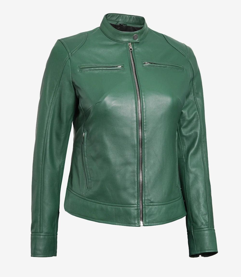 Green Lambskin Biker Jacket for Women-Leather Jackets-Glompi-Glompi