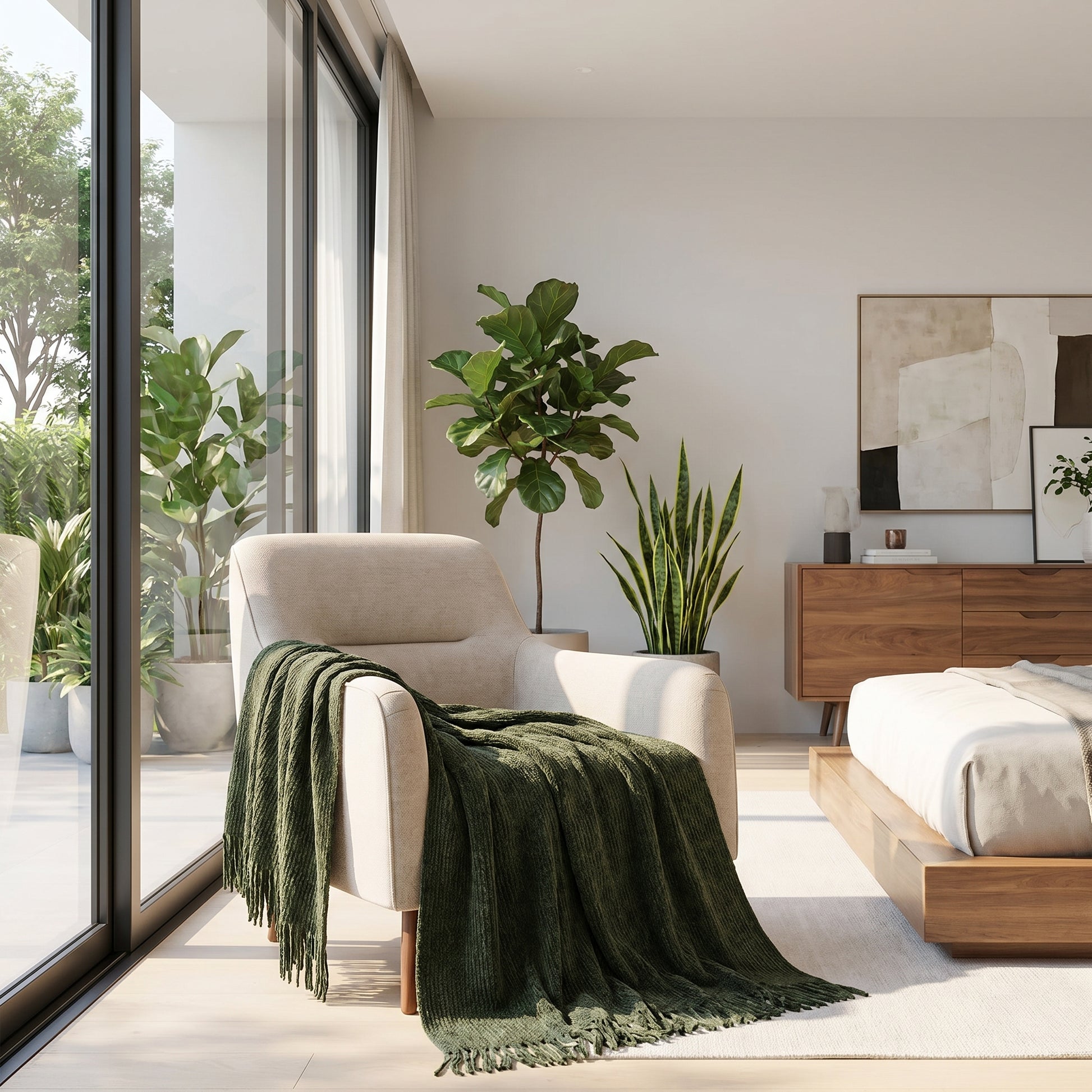 Green plaid chenille knit throw blanket draped over a beige armchair in a modern bedroom.