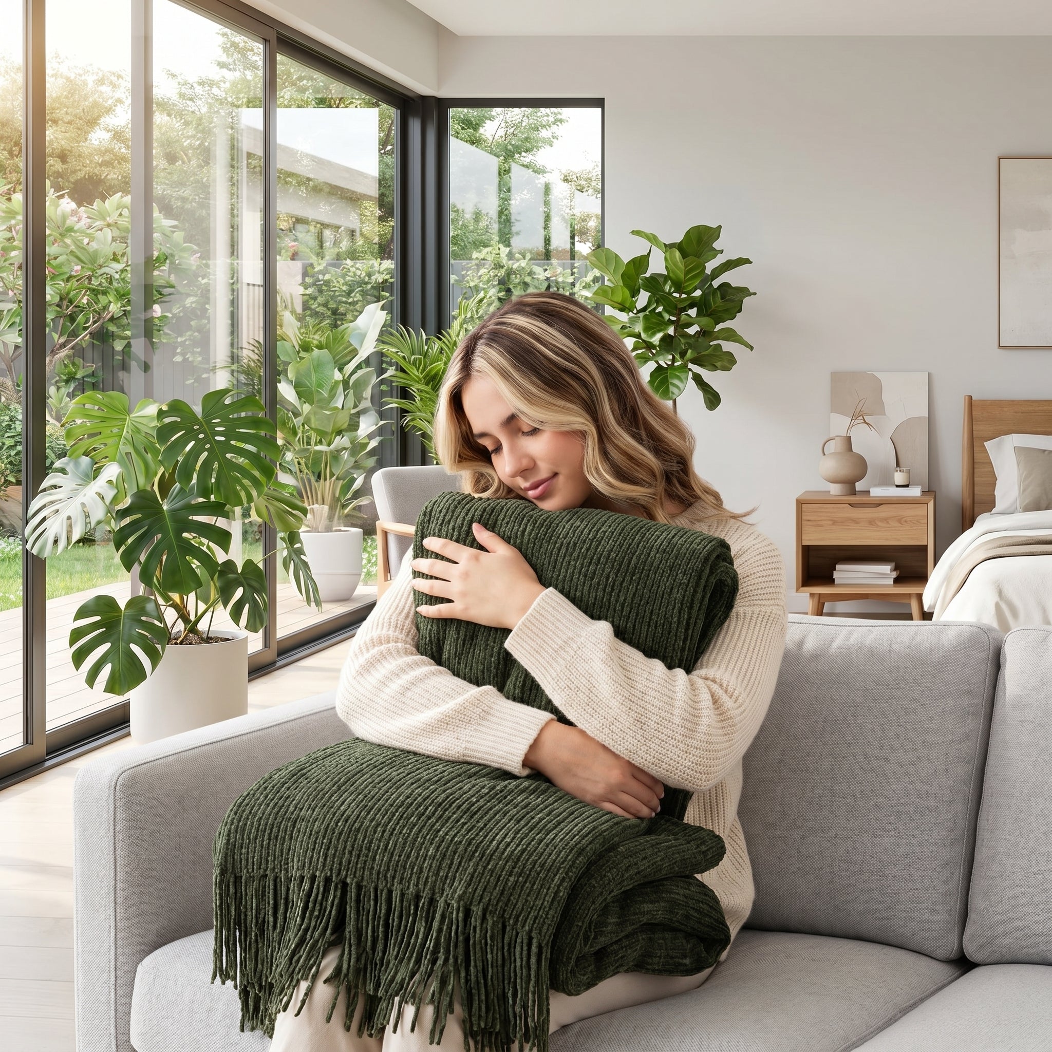 Woman on a sofa hugging a soft, dark green chenille knit throw blanket with fringe tassels.