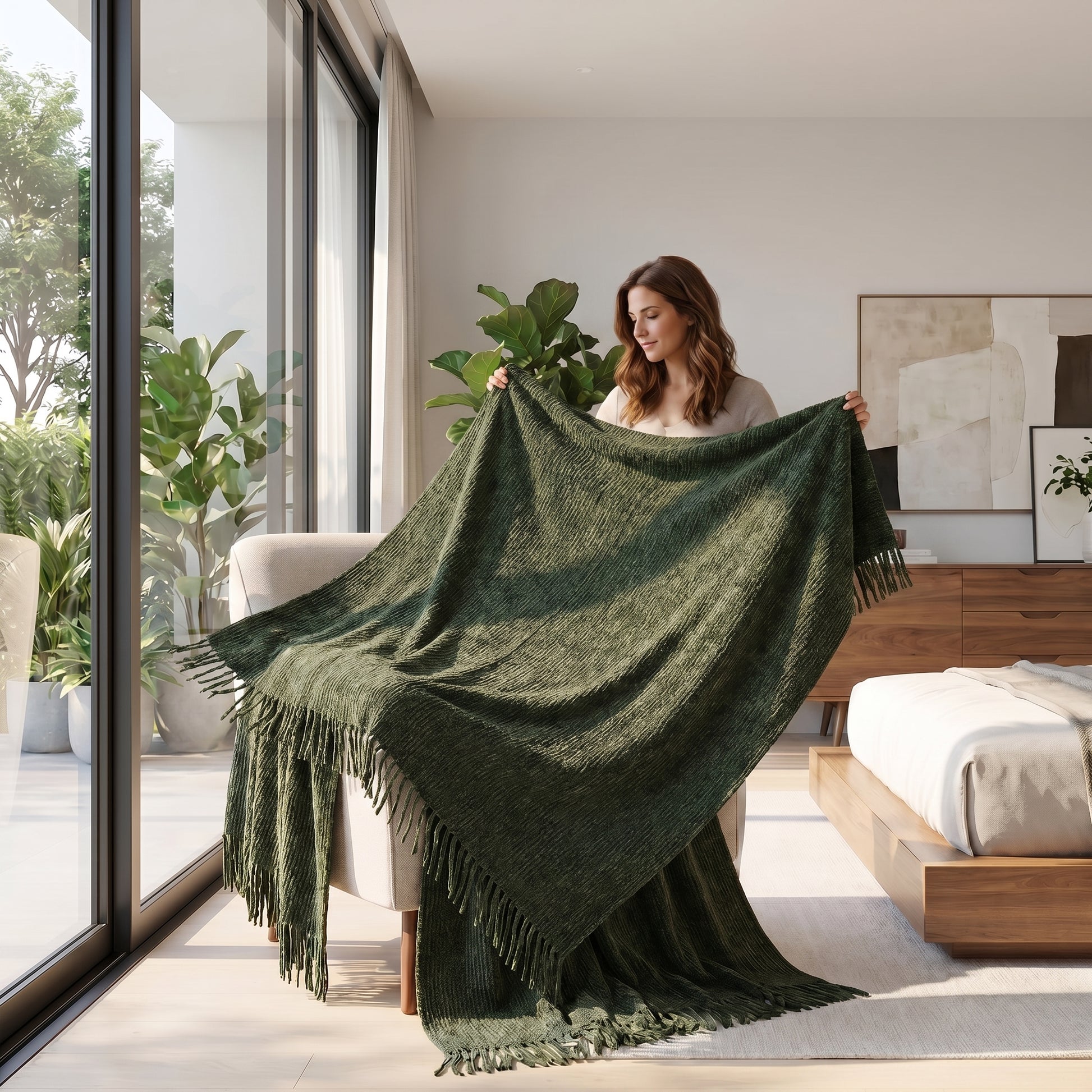 Woman holding a soft green plaid chenille knit throw blanket with rustic tassels in a bright room.