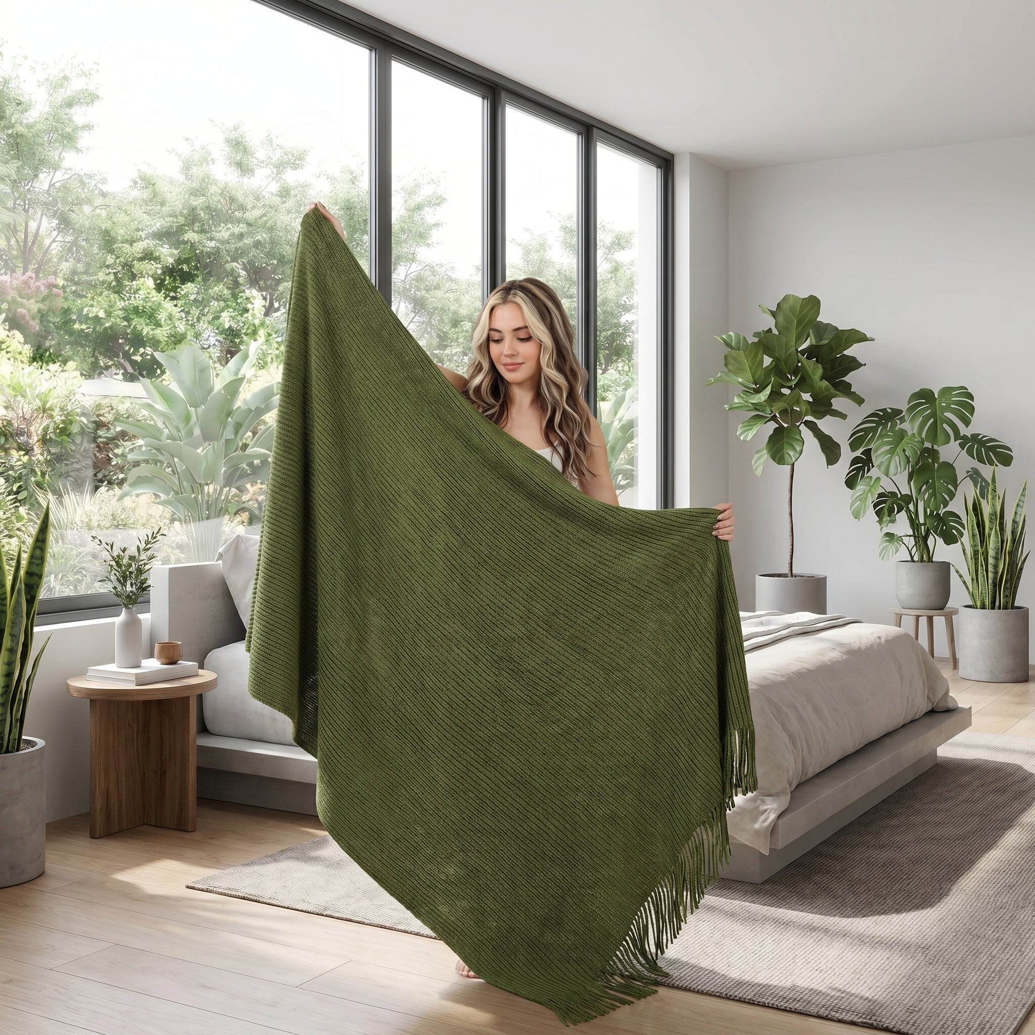 Woman holding a large green chenille knit throw blanket with fringe in a bright bedroom.