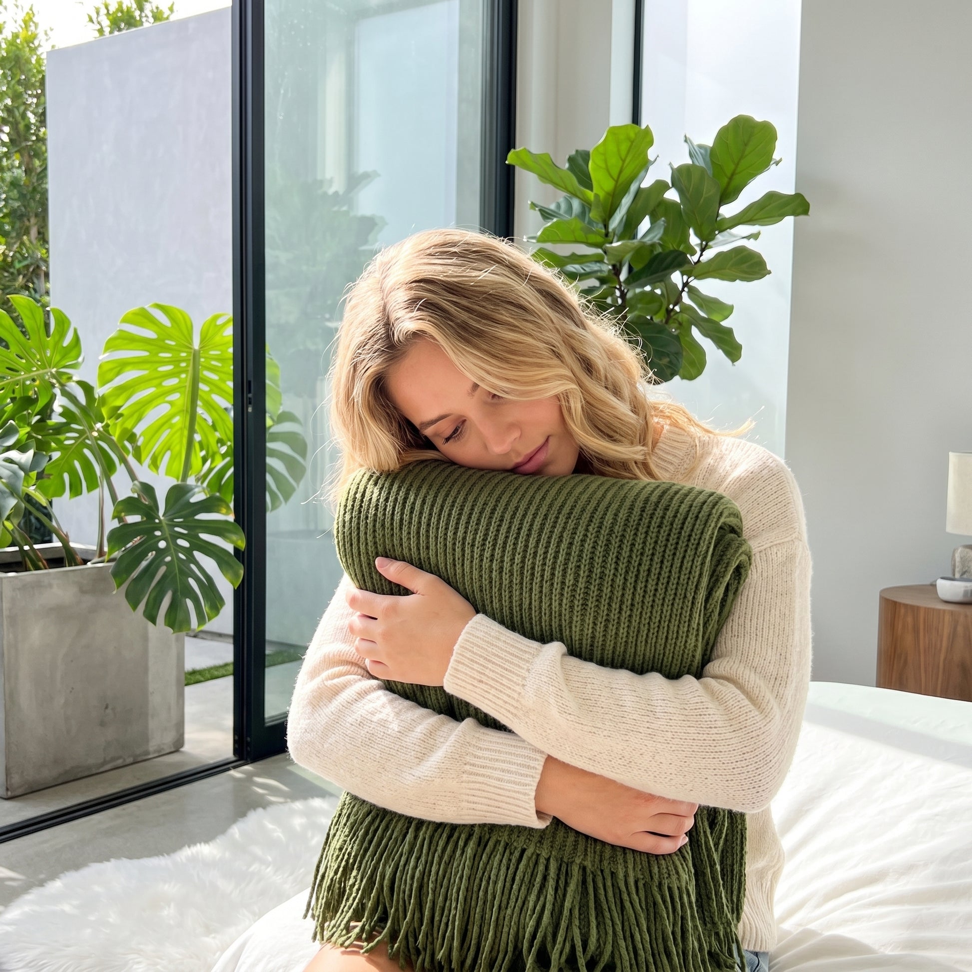 Blonde woman hugging a soft, green chenille knit throw blanket with fringe tassels.