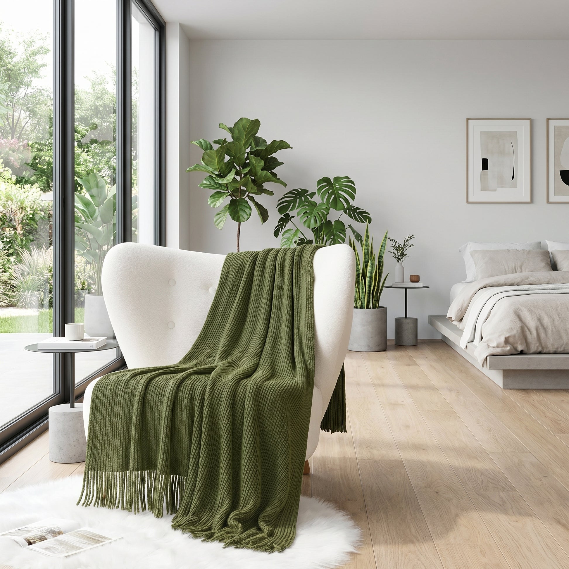 Green chenille knit throw blanket draped over a white armchair in a modern bedroom with large windows.