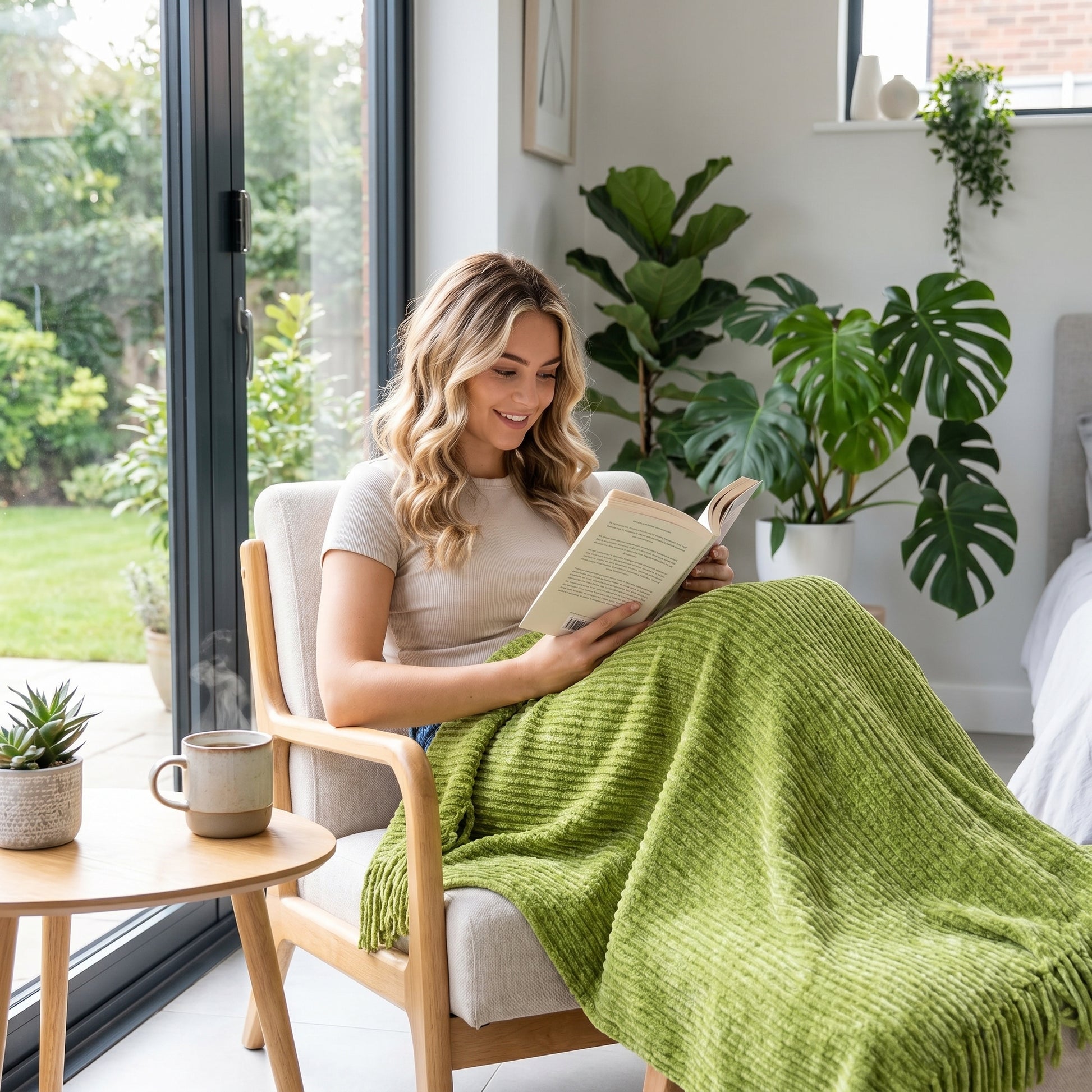 Woman relaxing in a chair, covered by a soft green chenille knit throw blanket with fringe.