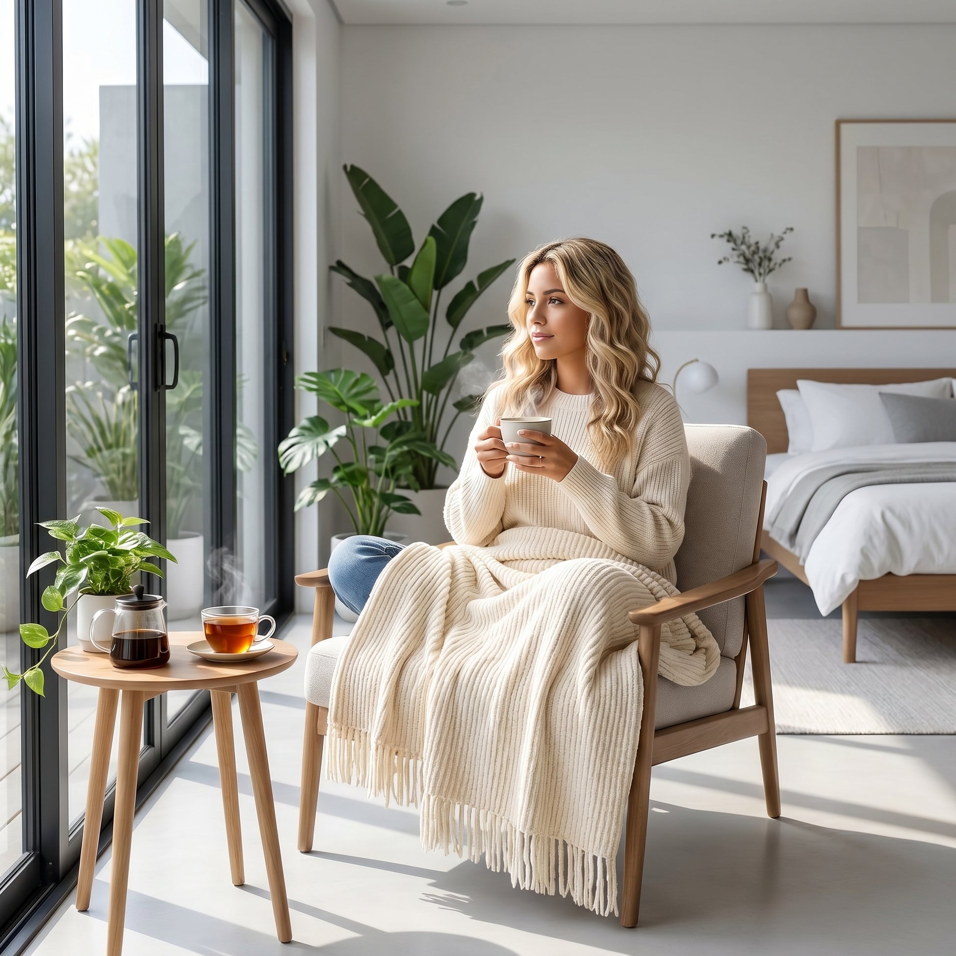 Woman relaxing in a chair, covered by a soft, cream-colored chenille knit blanket with fringe.