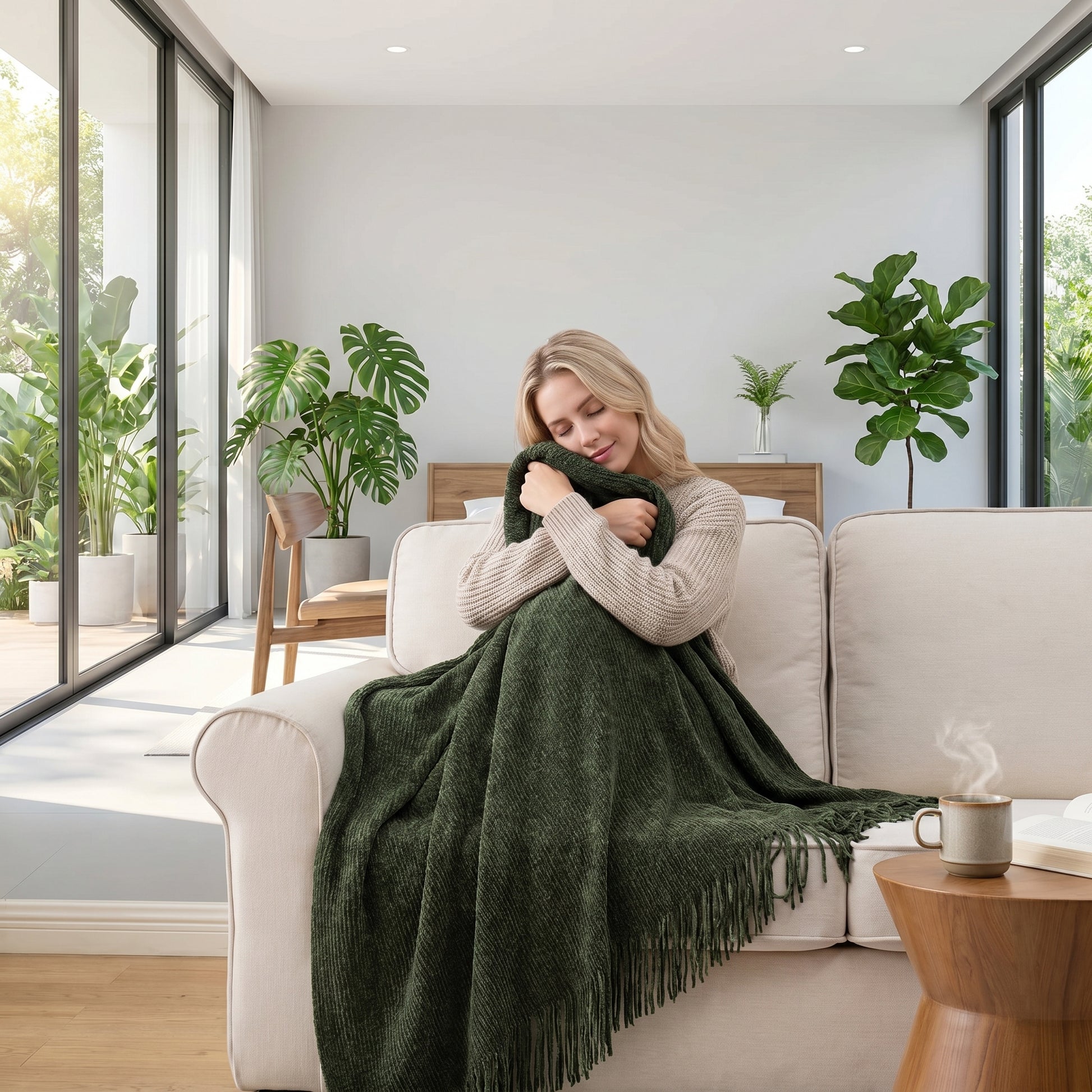 Blonde woman relaxing on a sofa, wrapped in a soft, dark green chenille knit throw blanket with fringe.