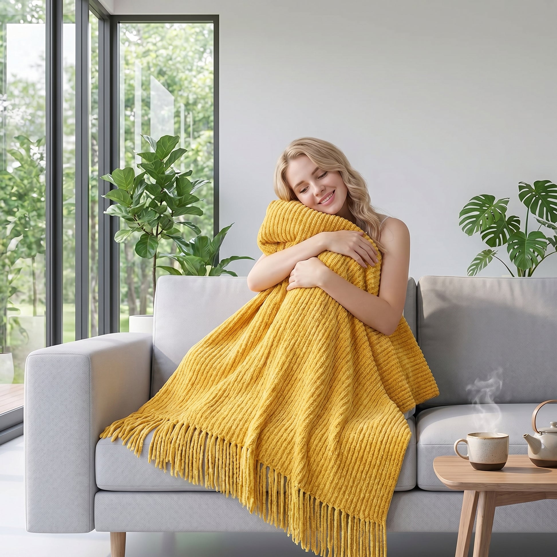 Blonde woman smiling, wrapped in a soft, mustard yellow chenille knit throw blanket with fringe, on a gray sofa.