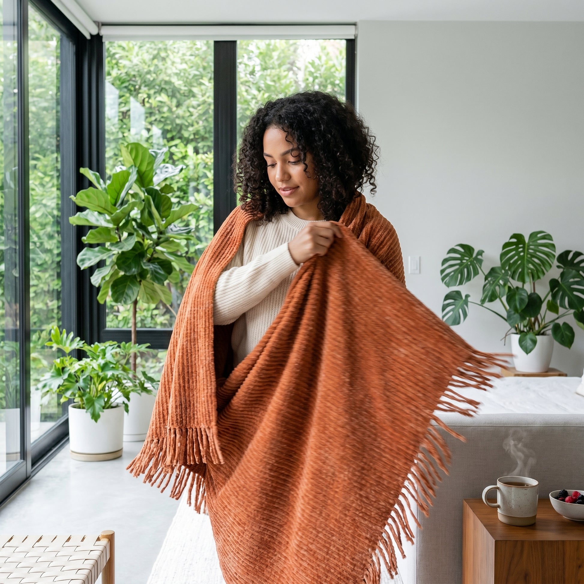 Woman wrapped in a soft, rust-colored chenille knit throw blanket with fringe tassels.