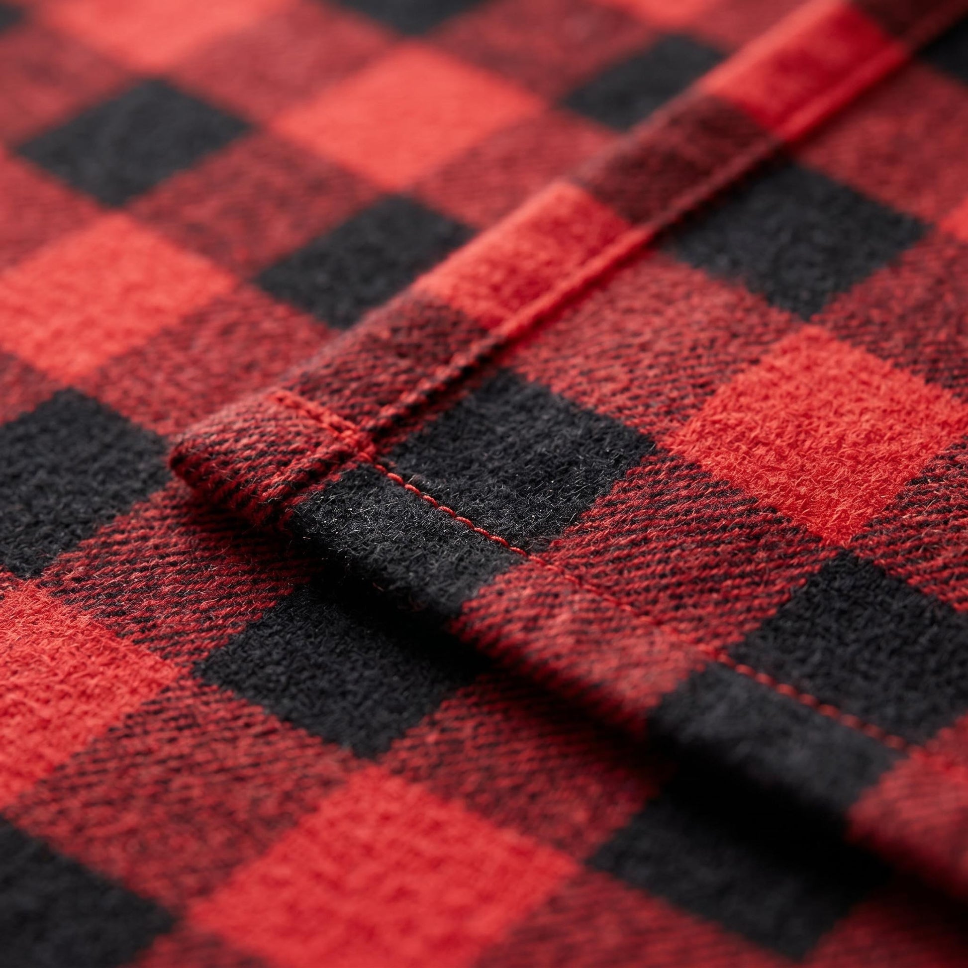 Close-up of a soft red and black checkered flannel blanket with a neatly stitched hem.