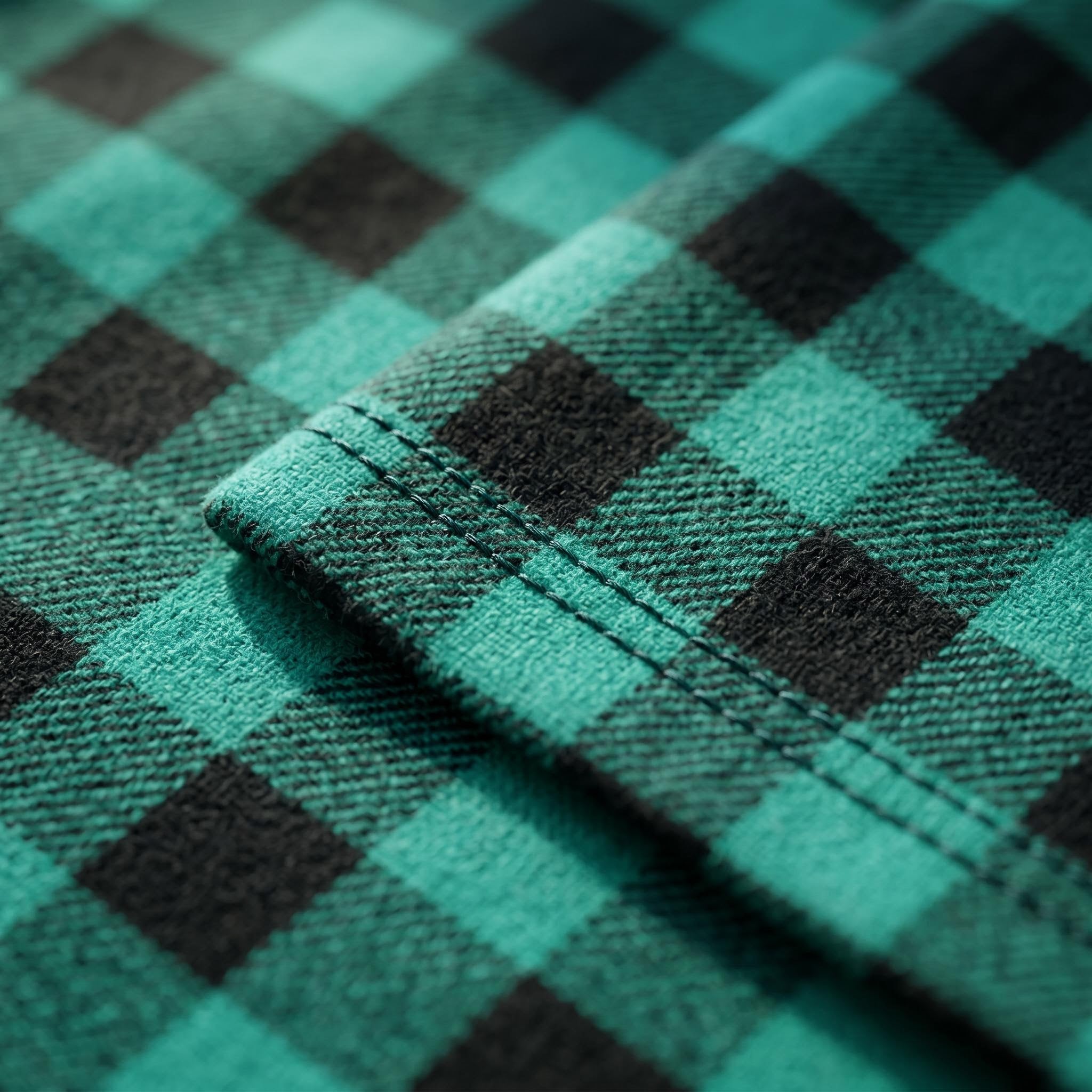 Close-up of a soft, green and black checkered flannel blanket with visible stitching on the folded edge.
