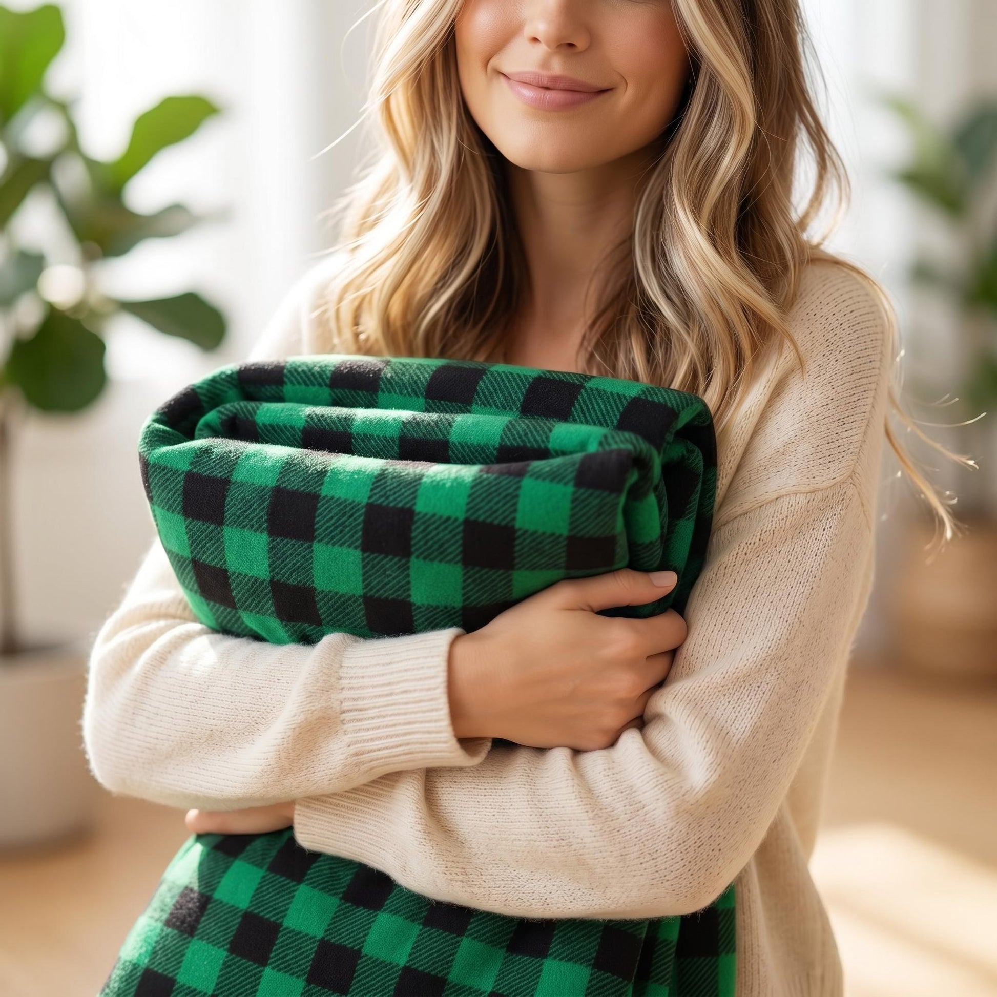 Smiling woman holding a folded green and black checkered flannel blanket.