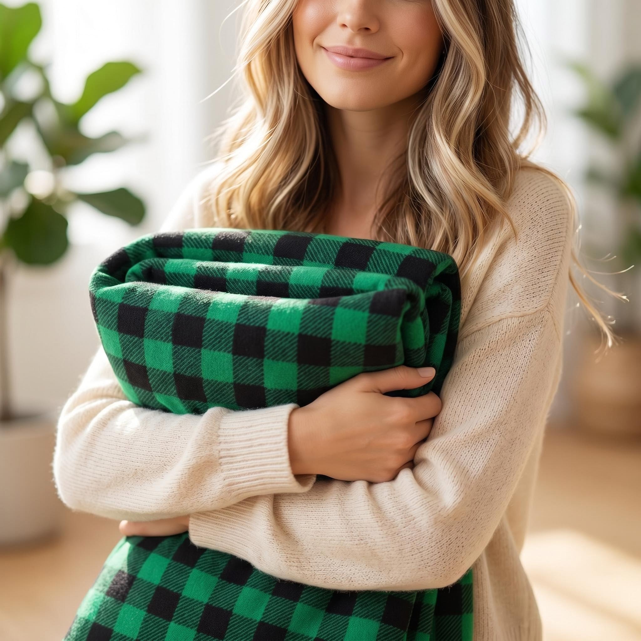 Smiling woman holding a folded green and black checkered flannel blanket.