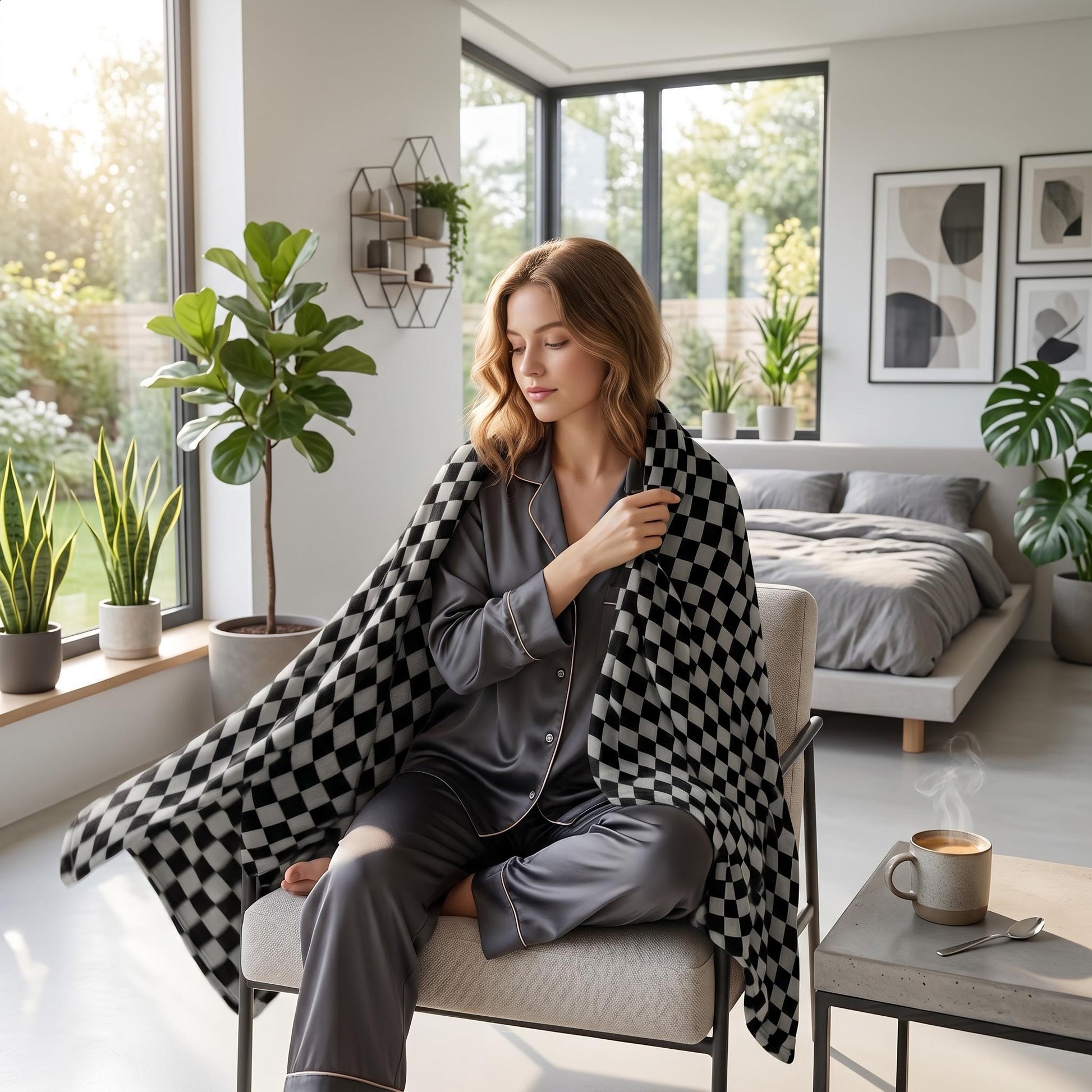 Woman in pajamas wrapped in a black and white checkered flannel blanket in a modern bedroom.
