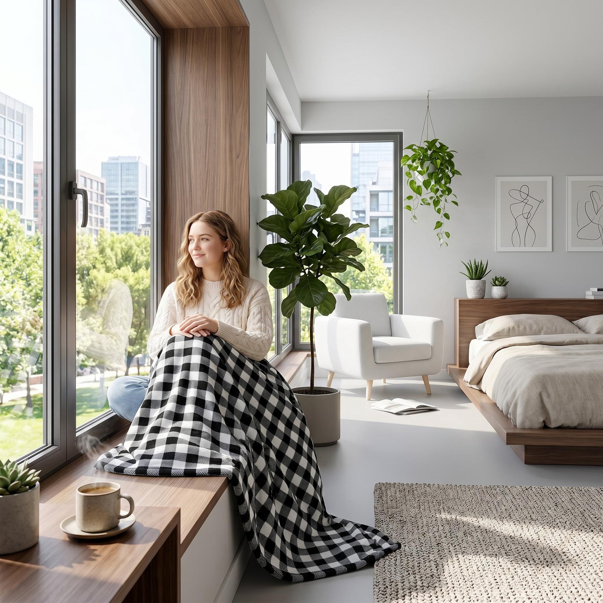 Woman wrapped in a black and white checkered flannel blanket, sitting by a window in a modern bedroom.