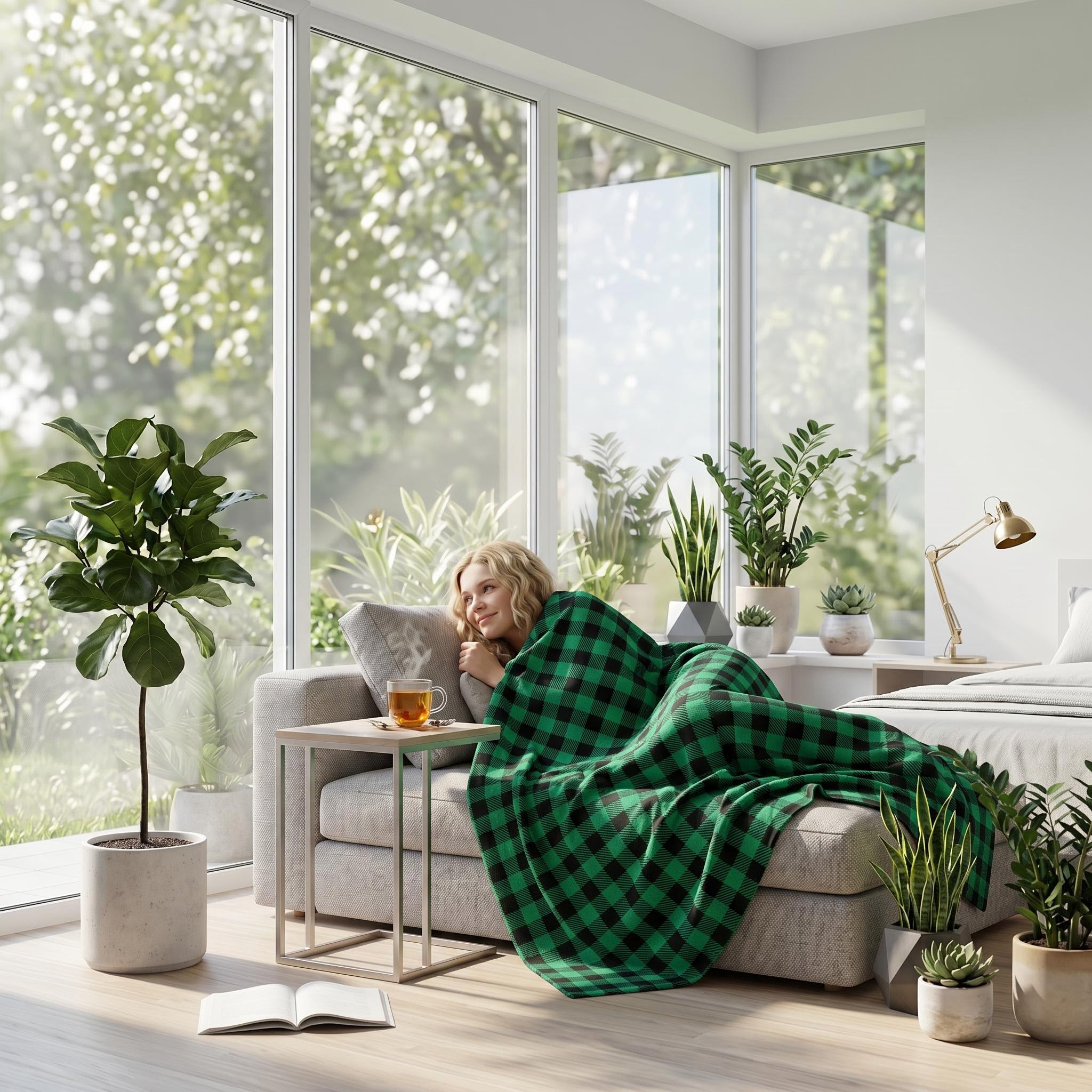 Blonde woman relaxing on a sofa, covered by a cozy green and black checkered flannel blanket, in a bright room with plants.