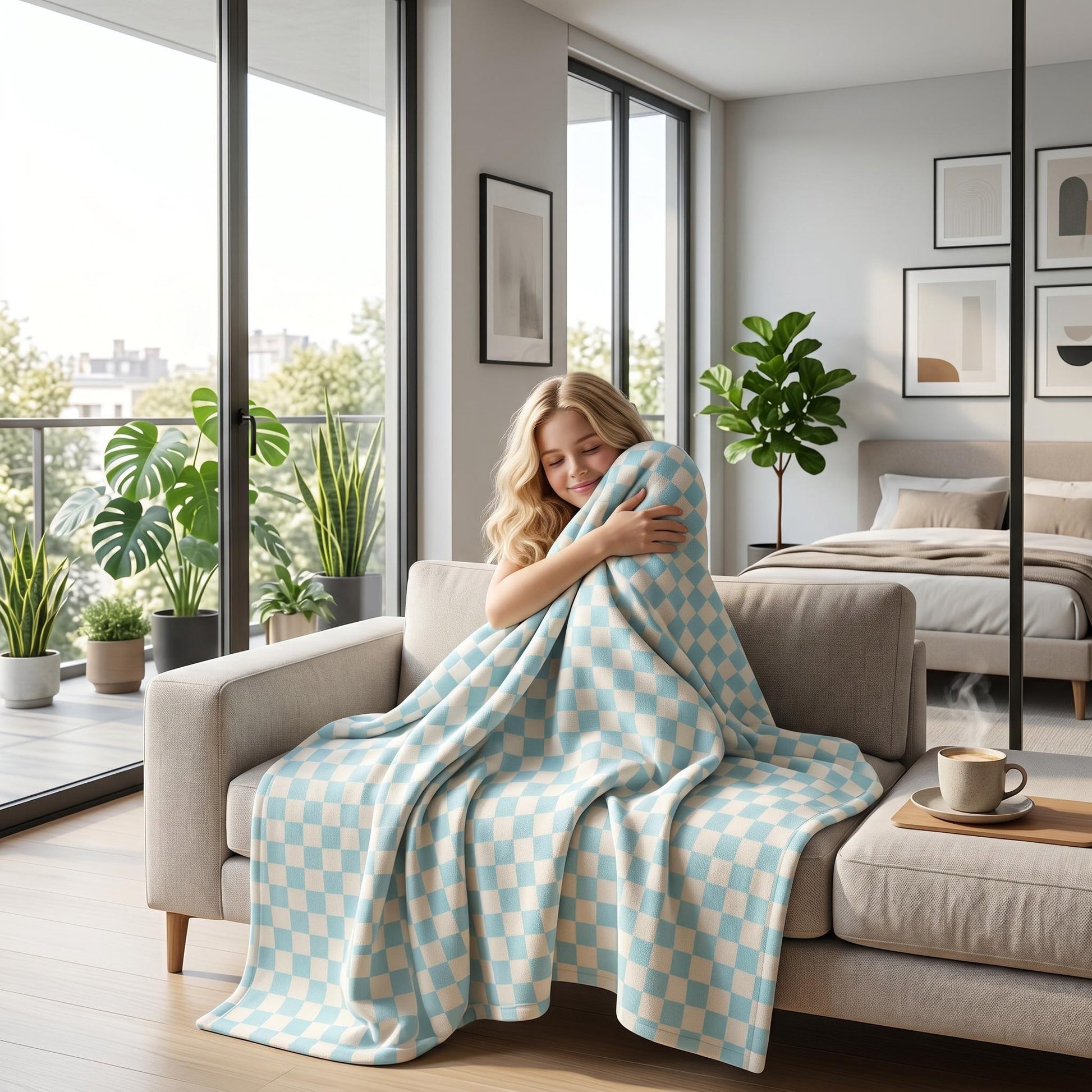 Blonde woman on a sofa wrapped in a soft, light blue and white checkered flannel blanket.