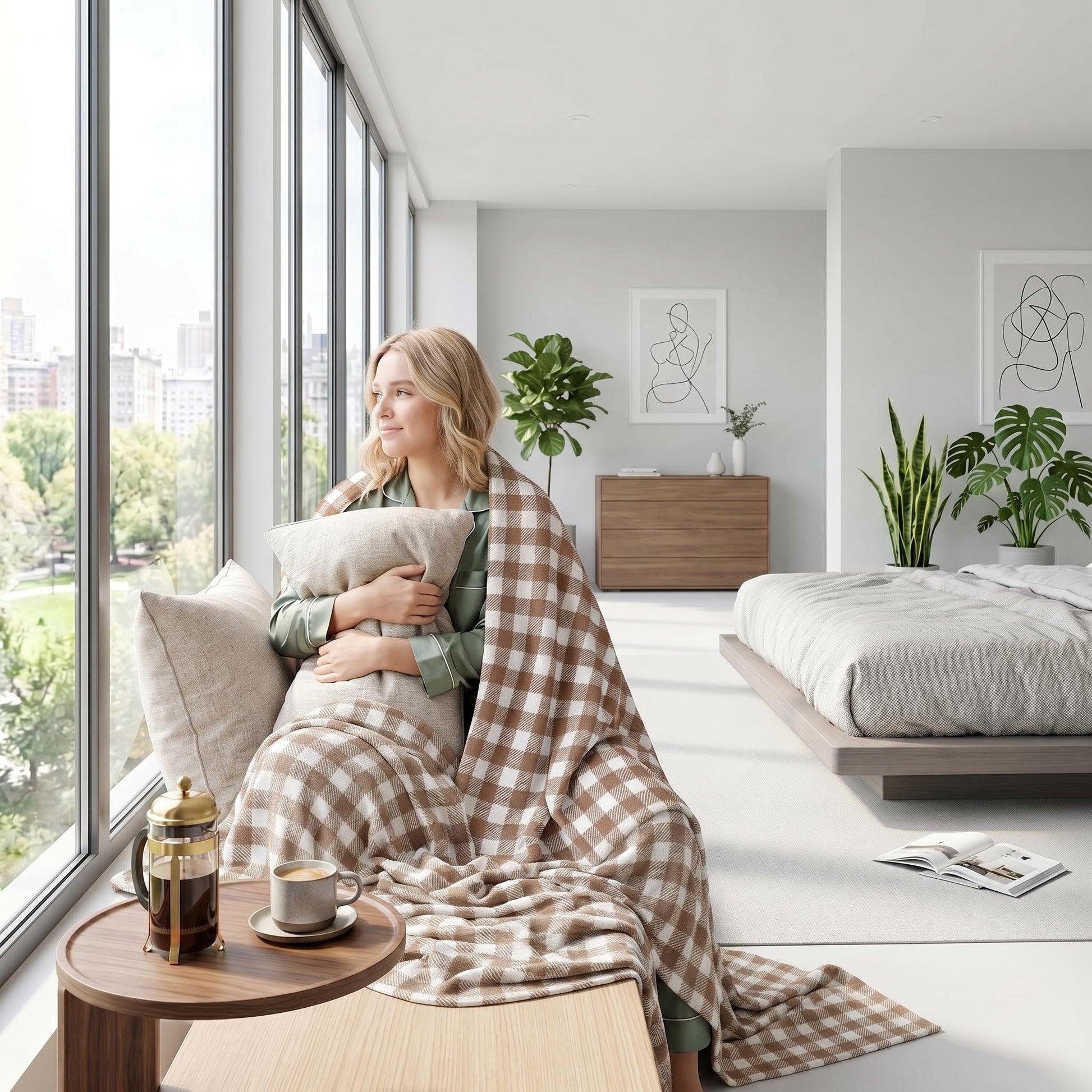 Woman wrapped in a brown and white checkered flannel blanket, holding a pillow, looking out a large window.