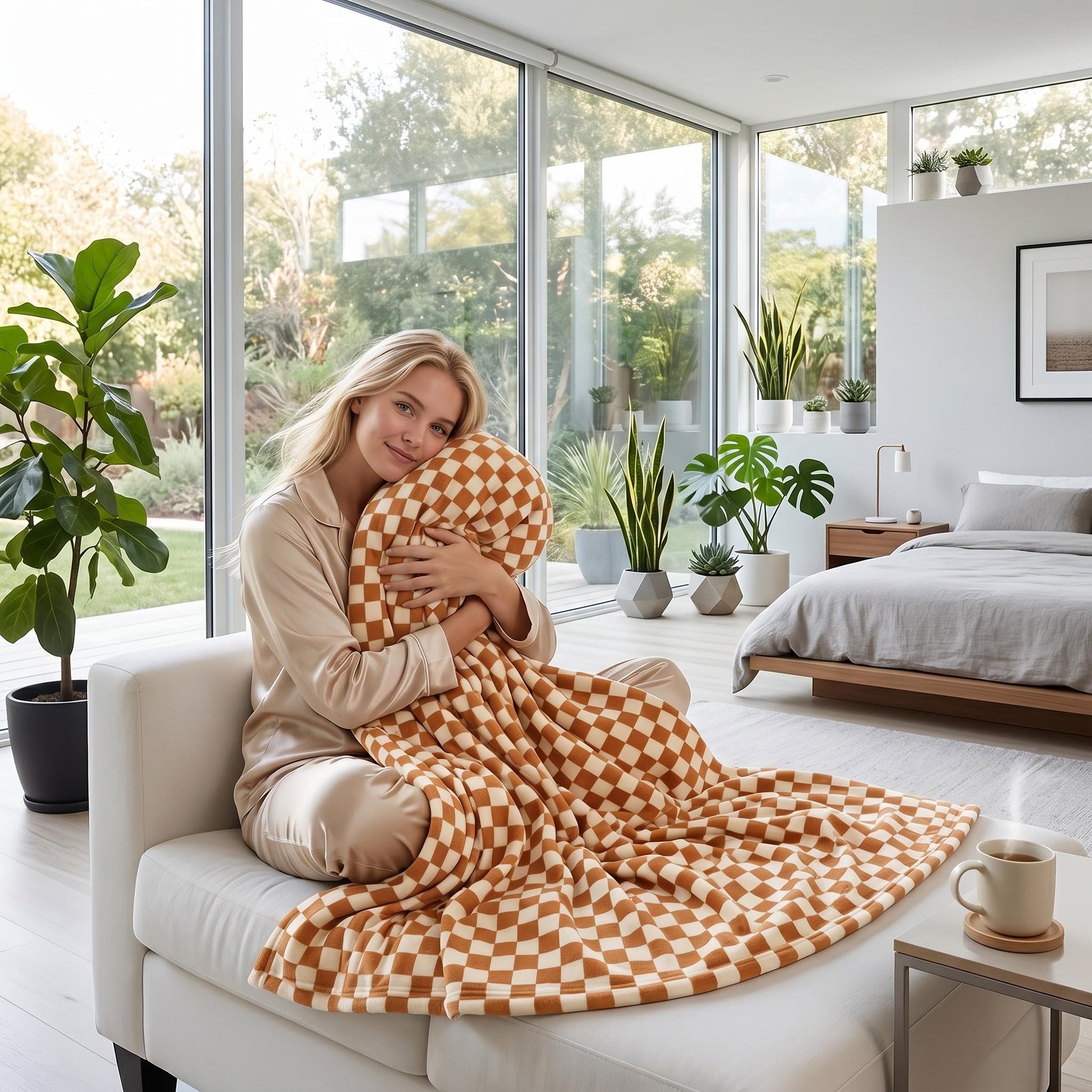 Blonde woman in pajamas hugging a soft, brown and white checkered flannel blanket on a white sofa.