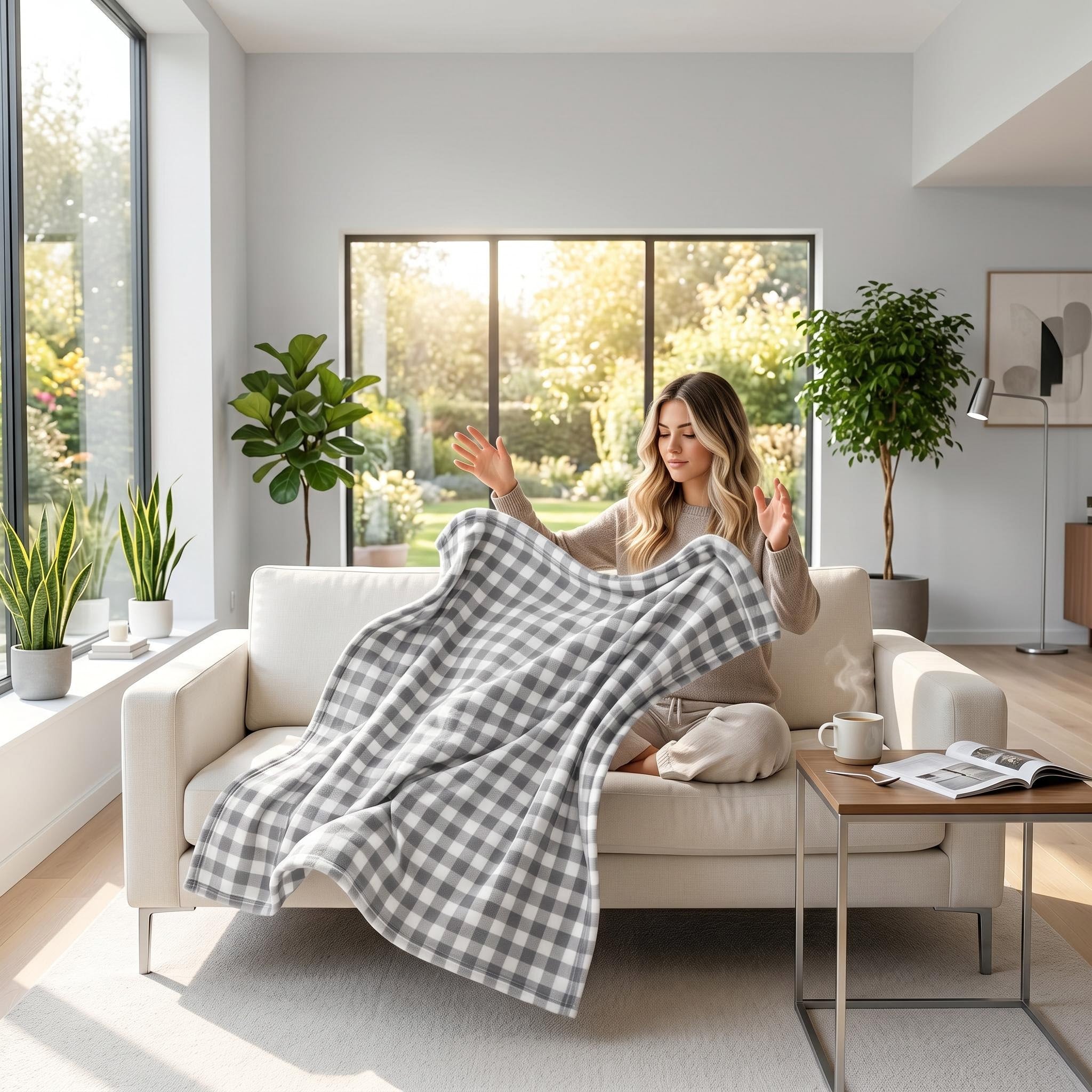 Woman on a couch holding a soft, green and white checkered flannel blanket.