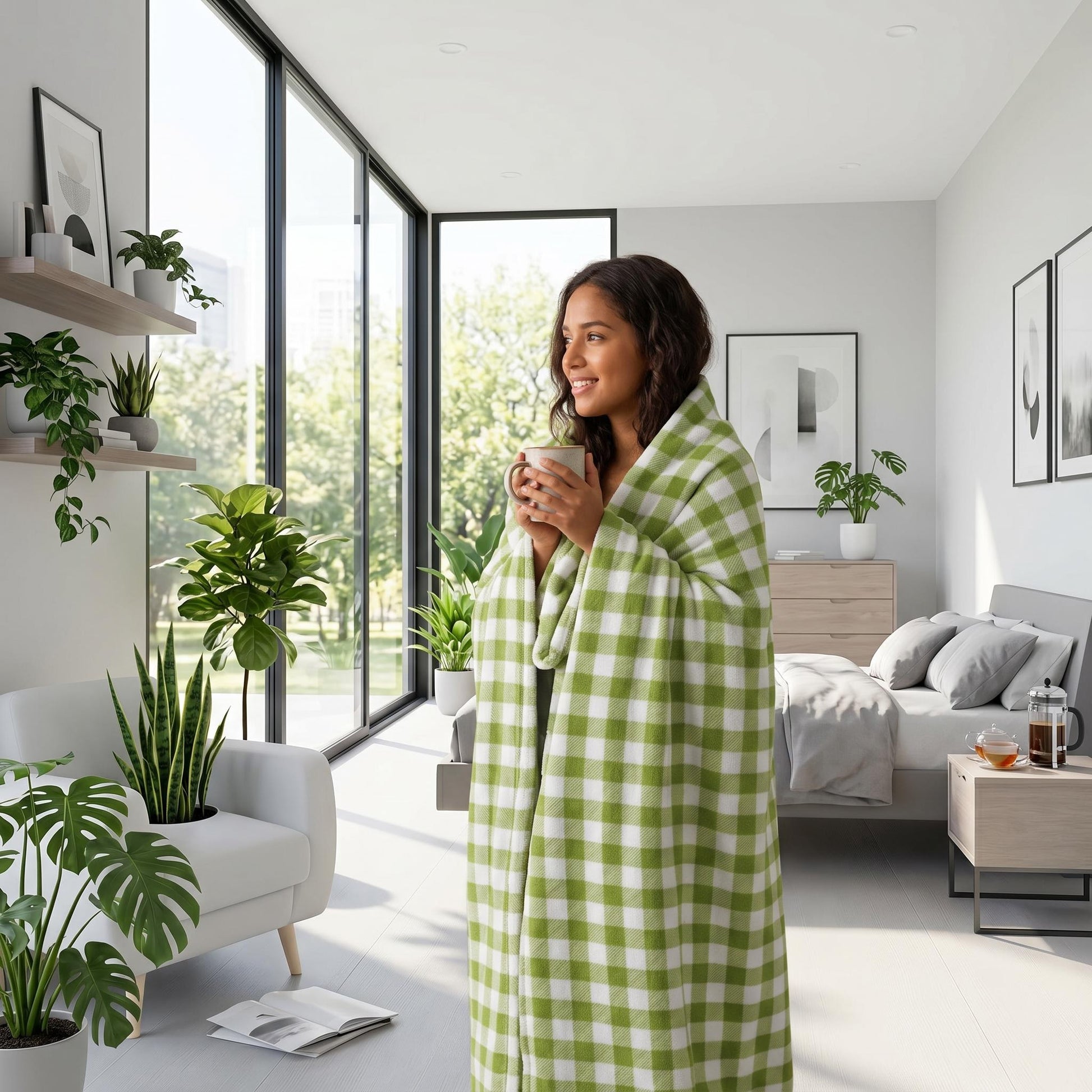 Woman wrapped in a soft green and white checkered flannel blanket, holding a mug in a bright room.