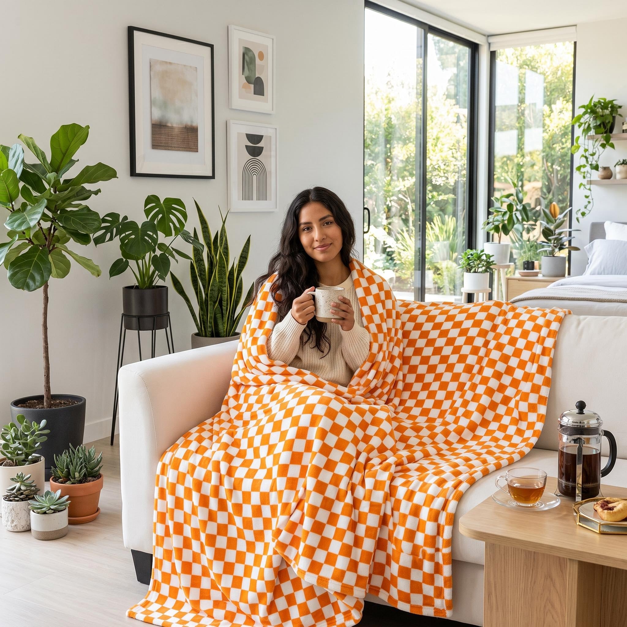 Woman wrapped in an orange and white checkered flannel blanket on a white sofa.