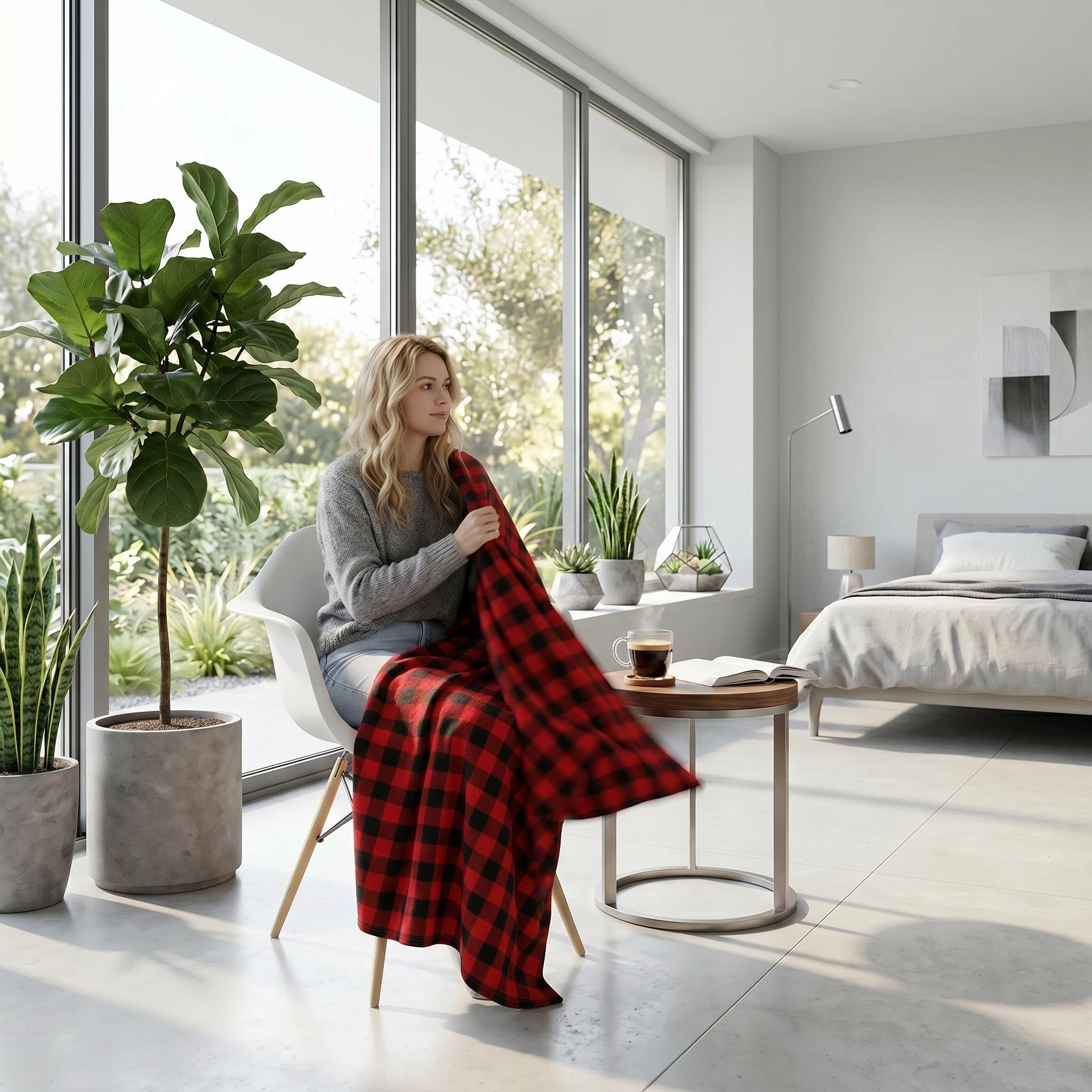 Woman in a modern room with a large window, holding a red and black checkered flannel blanket.