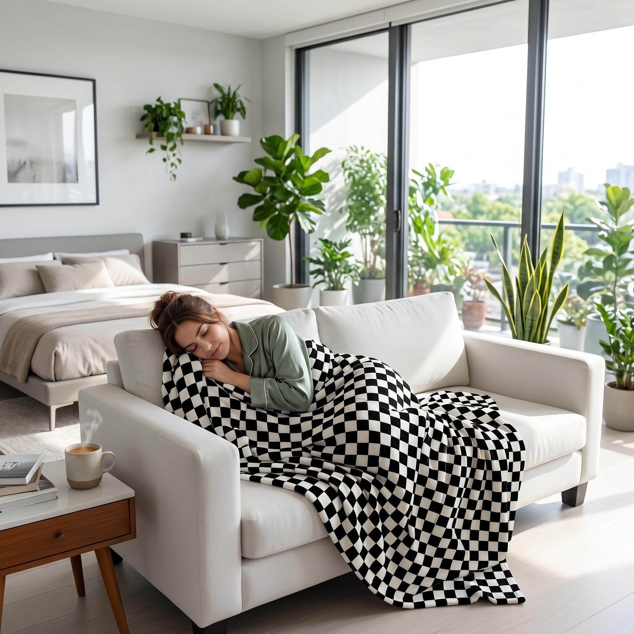 Woman sleeping on a white sofa, covered by a black and white checkered flannel blanket in a bright room.