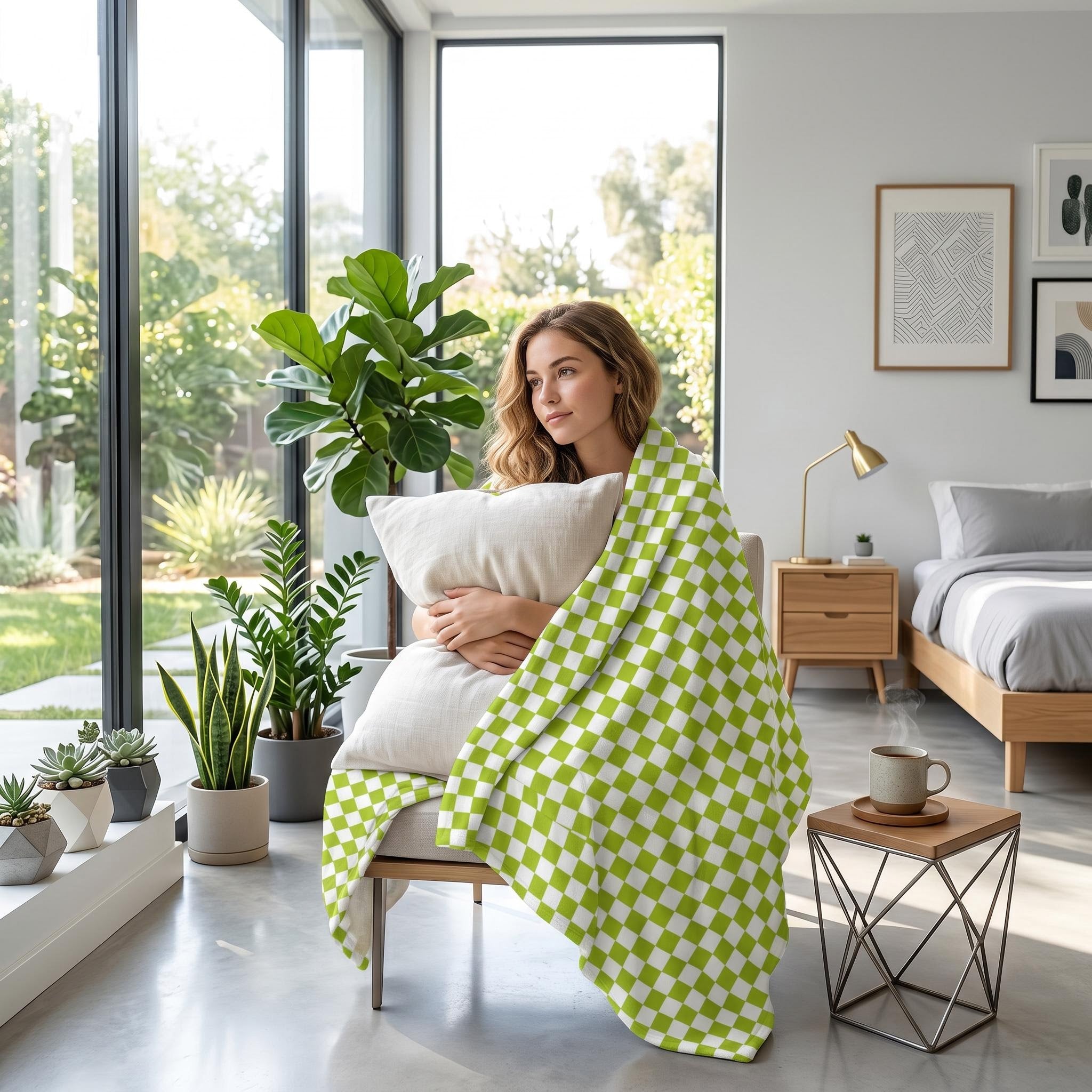 Cozy woman wrapped in a green and white checkered flannel blanket, holding a pillow in a bright modern room.