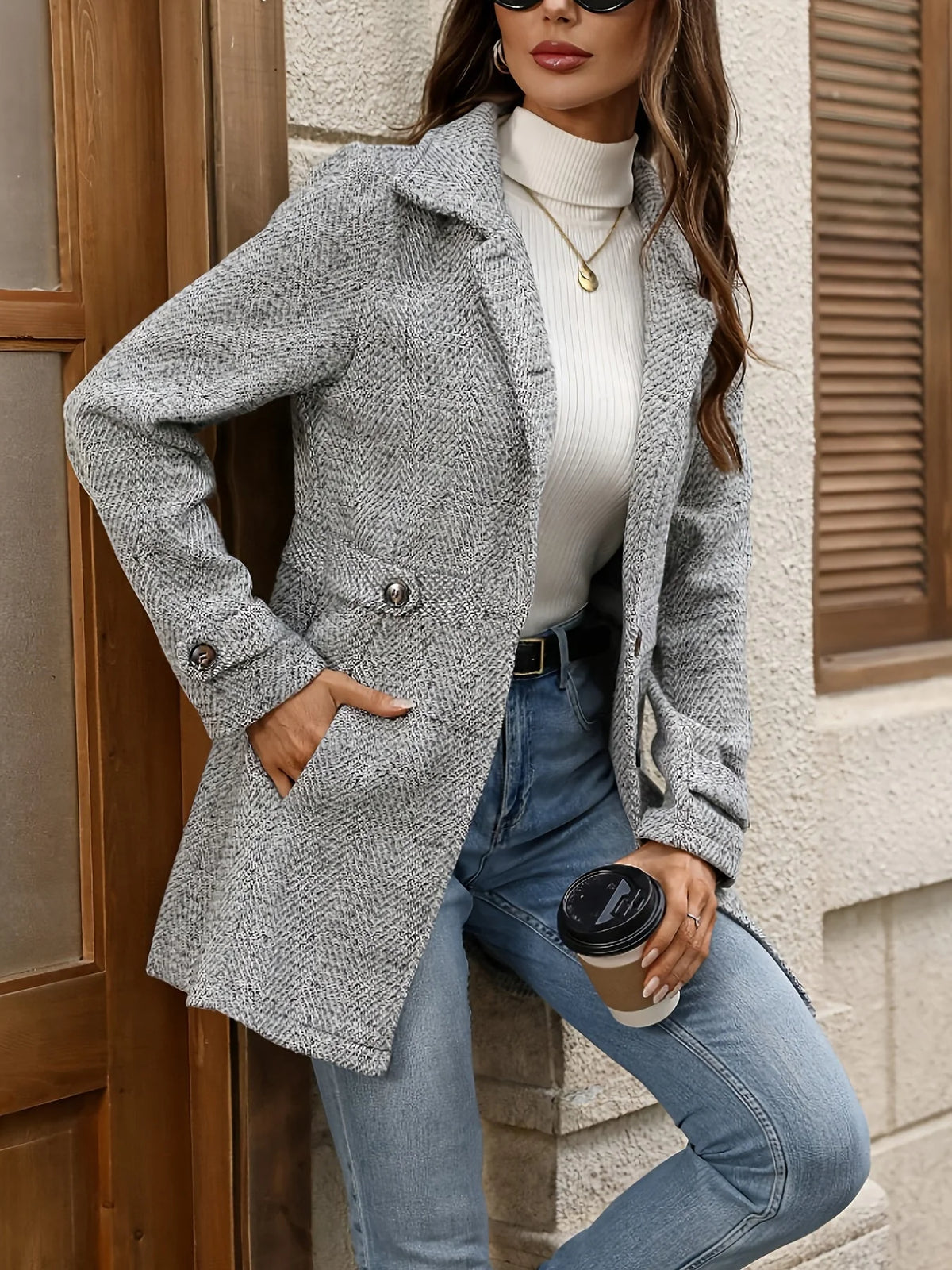 Grey Herringbone Wool Coat with Defined Waist 3