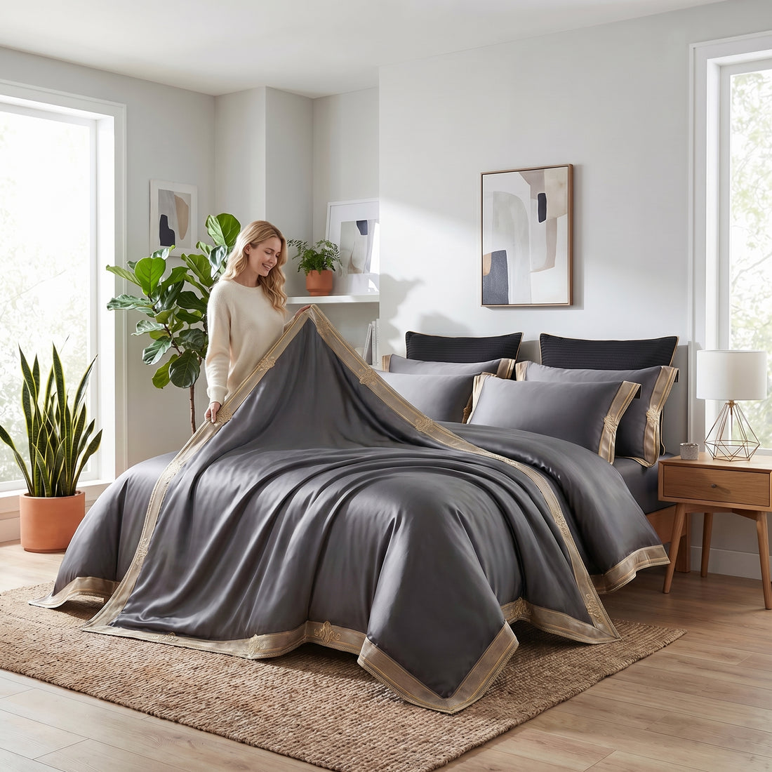 Luxury 1200 TC Egyptian cotton duvet cover set in gray with elegant gold embroidery on a made bed in a modern bedroom.