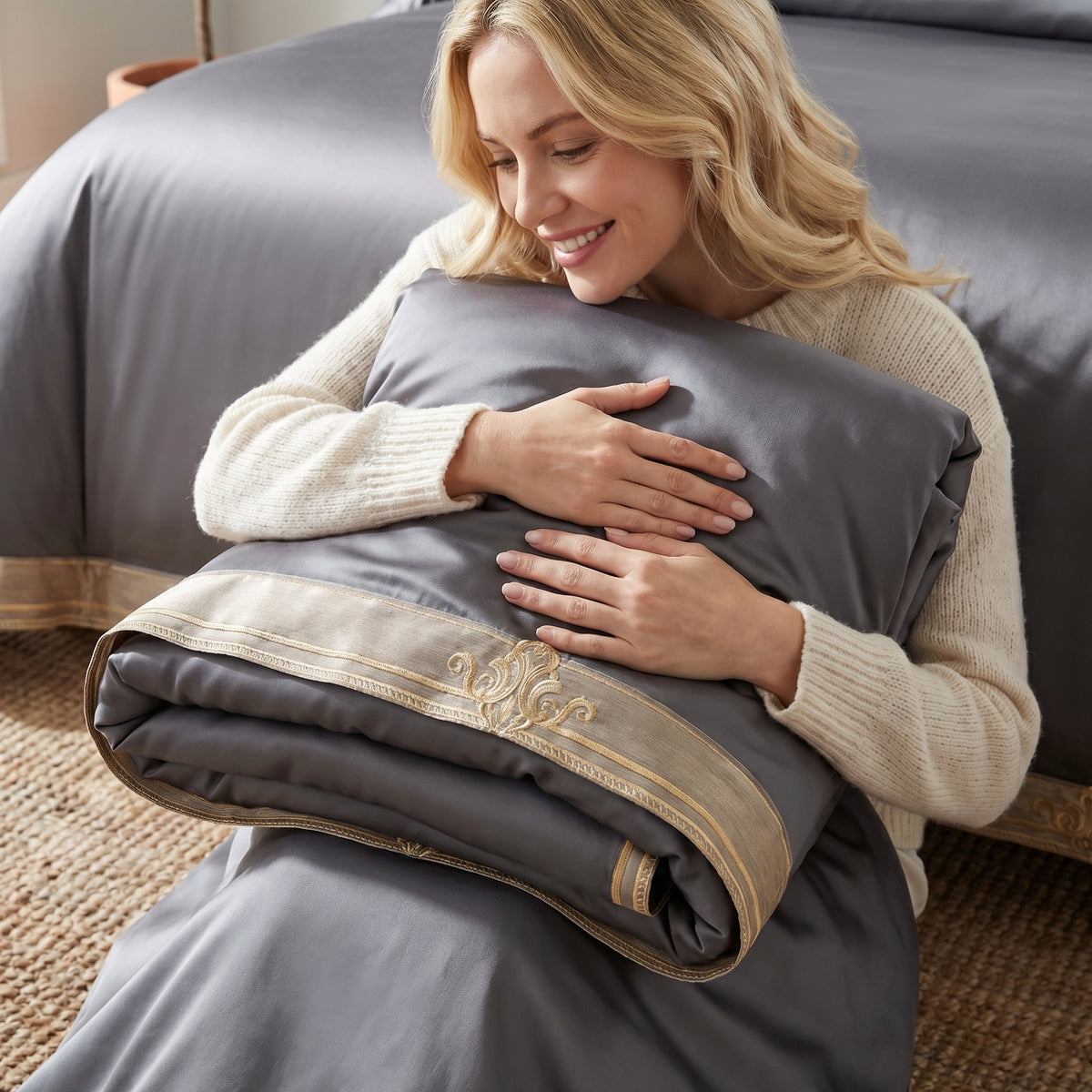 Woman holding a luxury gray Egyptian cotton duvet cover with elegant gold embroidery and 1200 thread count finish.